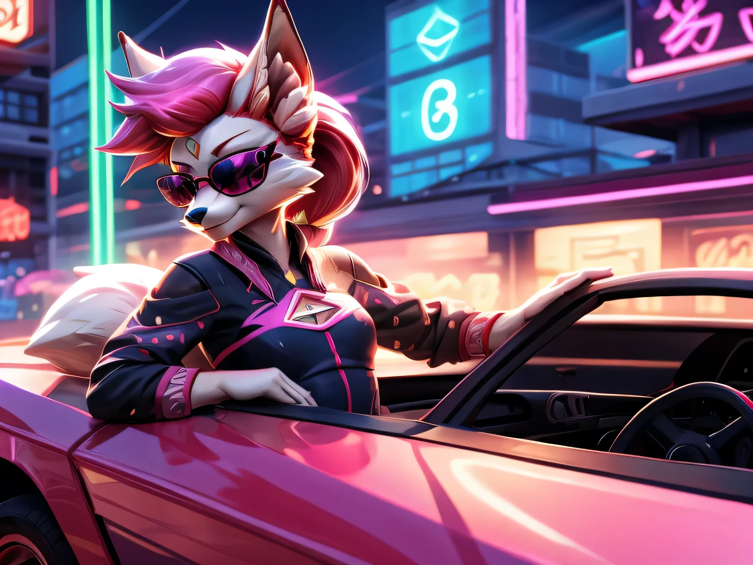 kimiko, furry female anthro, fox girl, white body fur, Pink hair, multiple tails, solo, body fur, (best quality), short ponytail, scar on the eye, detailed face, masterpiece, perfect lighting, perfect shadows, perfect hair, perfect face, dressed, sunglasses, driving a car, neon lights, like a retro racing game, high speed, racing suit