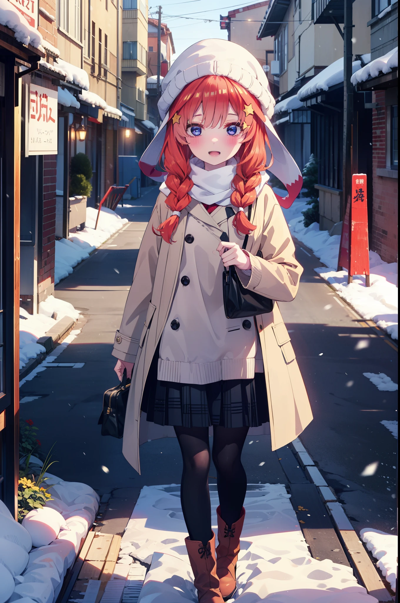 itsukinakano, Itsuki Nakano, bangs, blue eyes, Hair between the eyes, Ahoge, Redhead, star \(symbol\), hair ornaments, star hair ornaments,smile,Open your mouth,White Breath,blush,Long, thick braids,Knitted hat,White scarf,Red long coat,V-neck sweater,Black long skirt,Red hose,short boots,snowが降っている,snowが積もっている,snow,snow,snow,snow,Walking,whole bodyがイラストに入るように,night,
break outdoors,Residential Street,
break looking at viewer, whole body,
break (masterpiece:1.2), Highest quality, High resolution, unity 8k wallpaper, (figure:0.8), (Beautiful attention to detail:1.6), Highly detailed face, Perfect lighting, Highly detailed CG, (Perfect hands, Perfect Anatomy),
