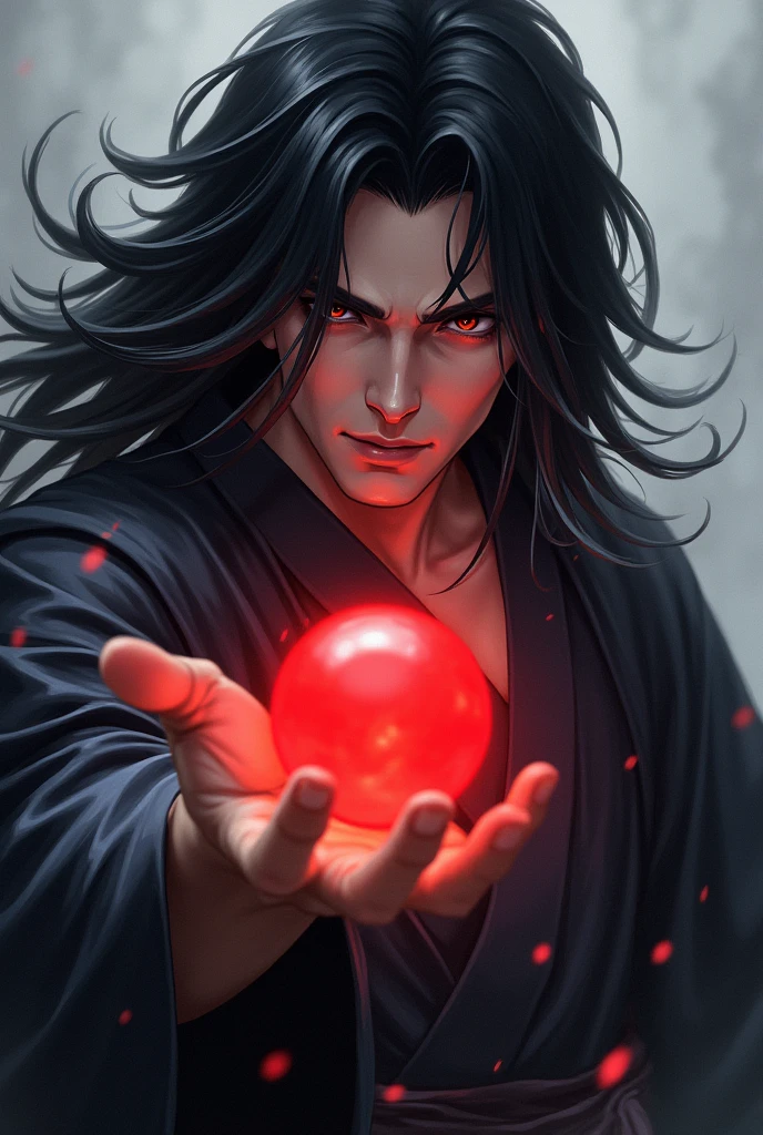 black haired, cold looking man, black eyes, long hair, majestic features, wearing a kimono, holding a glowing red ball of energy in his hand, novel cover.