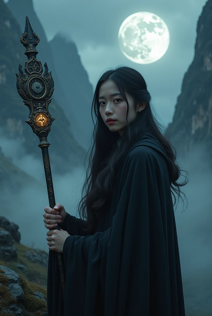 A beautiful asian girl with long dark hair, piercing eyes, and a mysterious expression, wearing a black cloak or robe, holding a magic staff or wand, in a dark fantasy landscape with mist, mountains, and a full moon, (best quality,4k,8k,highres,masterpiece:1.2),ultra-detailed,(realistic,photorealistic,photo-realistic:1.37),dark fantasy, dramatic lighting, cinematic composition, intricate details, rich color palette, moody atmosphere