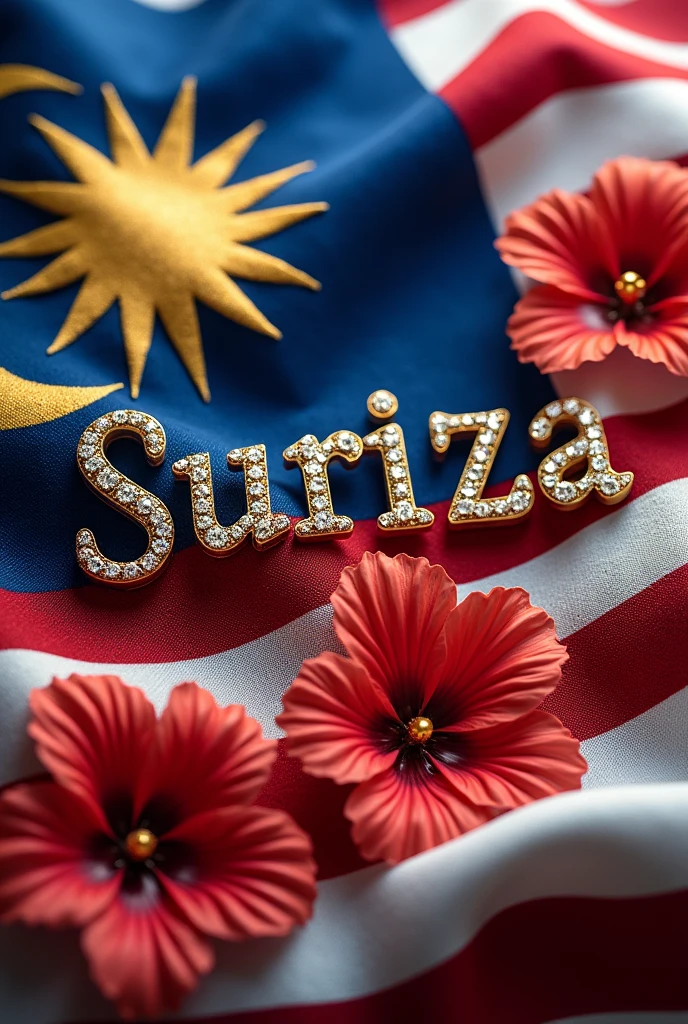 The Malaysian flag is embroidered with diamond hibiscus flowers and Suriza's name is encrusted with diamonds