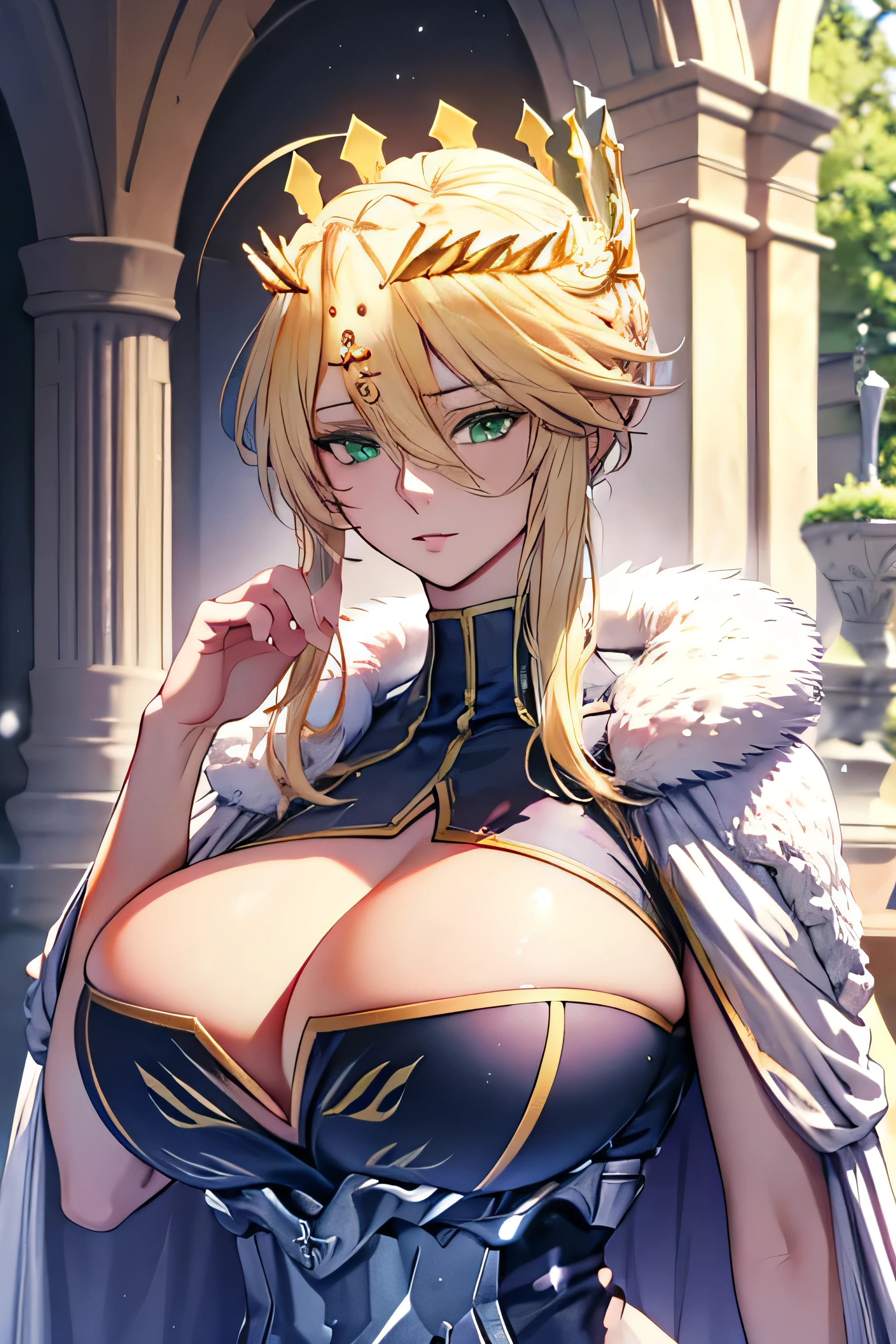 Artoria Lancer, woman, elegant, blonde hair, green eyes, casual clothes, crown, white cape, fur trim, portrait, head to bust, curvaceous, 4k resolution, high quality, castle interior, face focus, (((masterpiece))), bokeh