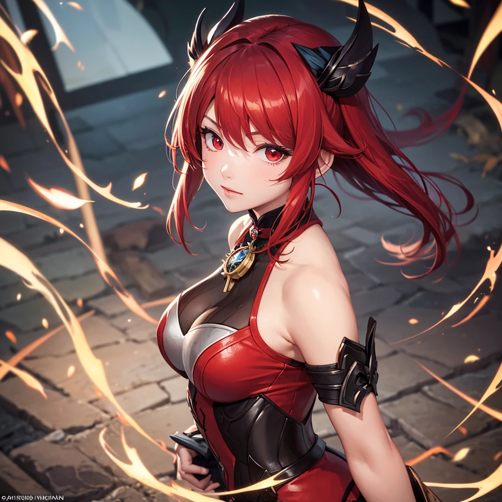 woman with long red hair and armor, red eyes, ayaka genshin impact, ayaka game genshin impact, zodiac knight girl portrait, female protagonist, Kushard Krenz key art feminine, valentine shuffle, genshin impact character, Genshin, That's Right, Artgerm and Ati Gairan, Portrait Knight Female,cowboy shot,(full body:1.5, 1 girl, solo focus)