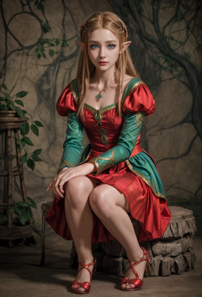 Princes Zelda, blue eyes, (best qualityer, ultra detail), (realisitic:1.37), beautiful and detailed face, ultra-realisitic texture, Exquisite face, Delicate body, red lipgloss stick, shiny colors. High definition, 8k.