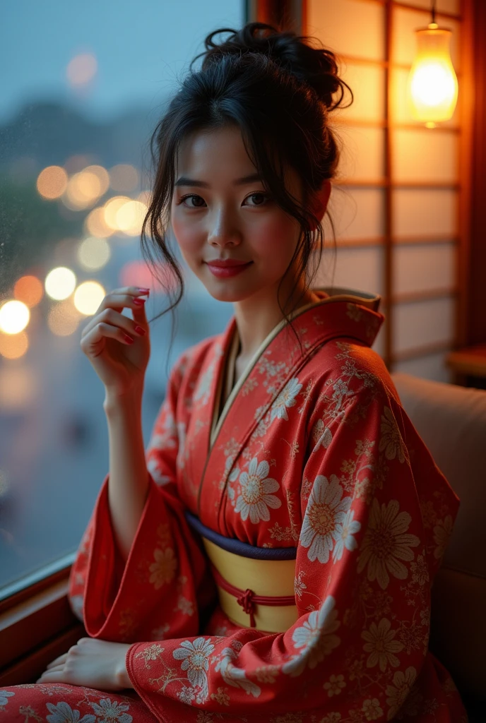 photorealistic, solo, beautiful Japan woman, traditional kimono, natural figure, soft smile, impressive gaze, traditional hairstyle, Japanese room at dusk, sitting by the window, illuminated by city lights, (attractive pose), professional photographer, shallow depth of field, backlit,