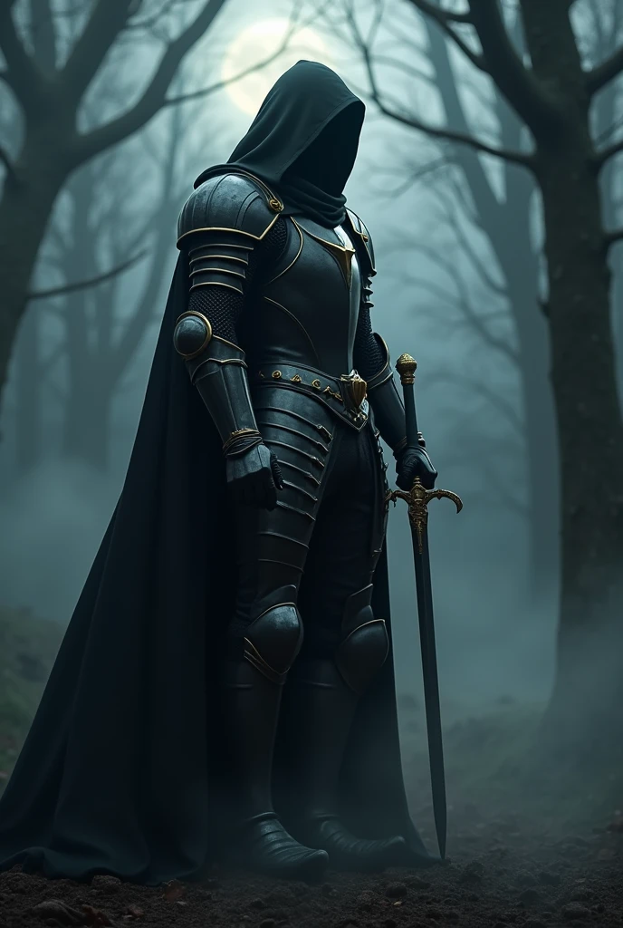 the Knight in black armor, Stab the two-handed sword into the ground, Hold the hilt of the sword with both hands, Black Cape,Otherworldly Armor,Gold color line,Night Forest,fog,Cloak fluttering in the wind,(Wear a black robe over your armor). wearing a hood.