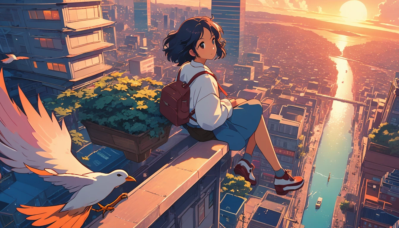 alone, lofi artstyle, lofi art, city, town, 80s anime style, Retro, Lo-Fi, masterpiece, best quality, (extremely detailed CG unity 8k wallpaper), (best quality), (best illustration), (best shadow), absurdres, realistic lighting, (Abyss), beautiful detailed glow, anime girl sitting on a ledge looking at a city with birds flying overhead, makoto shinkai cyril rolando, 4 k manga wallpaper, soaring above a dense city, anime art wallpaper 8 k, anime art wallpaper 4 k, anime art wallpaper 4k, anime aesthetic, ilya kuvshinov landscape, anime style cityscape, looking over city, above city