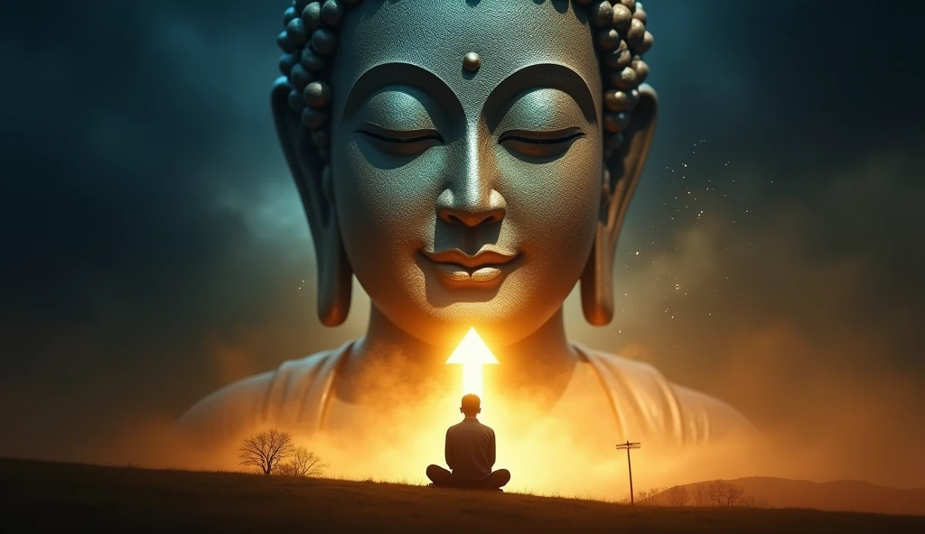 "Create a visually appealing thumbnail for a YouTube video titled 'Buddha's Lesson: The Cure for Overthinking.' The main focus should be a close-up of Gautam Buddha's calm and gentle face with eyes half-closed in meditation, surrounded by a subtle golden aura. In the lower part, include a silhouette of a young man kneeling or sitting in meditation, facing Buddha, symbolizing the search for wisdom. The background should transition from deep blue at the top, representing turmoil, to warm golden light at the bottom, representing enlightenment and peace. Overlay the title text in bold, white or gold font with a subtle shadow. Include a glowing arrow in the background pointing upward, symbolizing the transition from suffering to enlightenment."