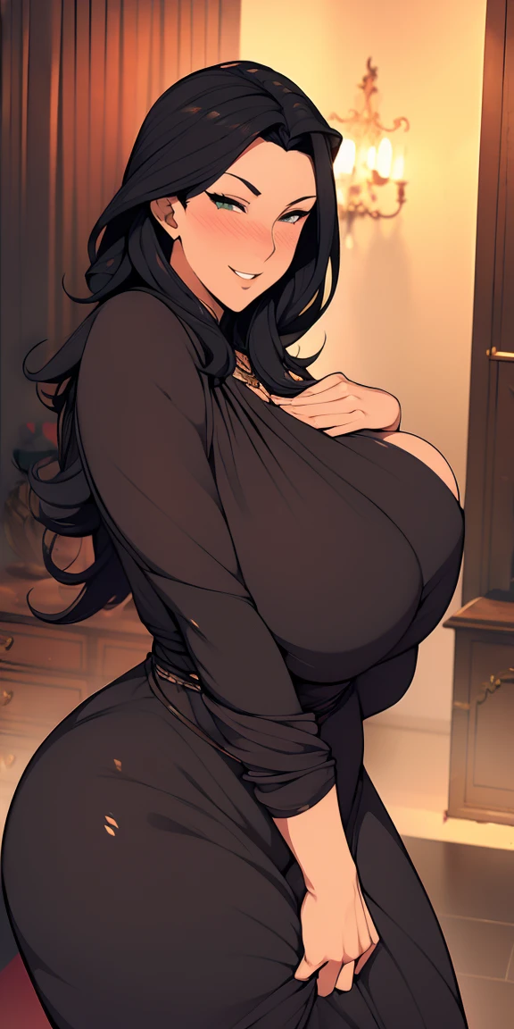 Milf, mature woman, elegant, (black hair), long hair, (silver eyes), casual clothes, (((buxom))), bodice, fur trim, portrait, upper body, curvaceous, 4k resolution, high quality, lurid smile, lewd smile, slight blush