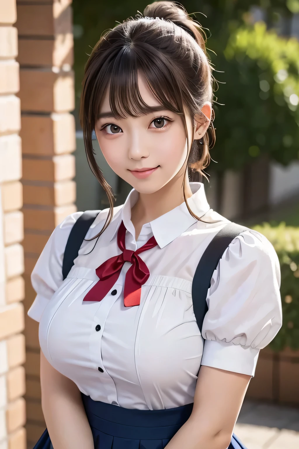 High school girls、Her hairstyle is a ponytail、Too 、Breasts 20cameter and 40cm in length、Oversized breasts that reachvel、She wears a school uniform designed like a dirndl、Red ribbon at neck、White shirt、Brown Dirndl、Too beautiful girl、whole body、Standing、smile、Visible from head to toe、Are standing、Dark brown uniform、Cosplay photos showing the whole body、She brags about the clothes she wears
