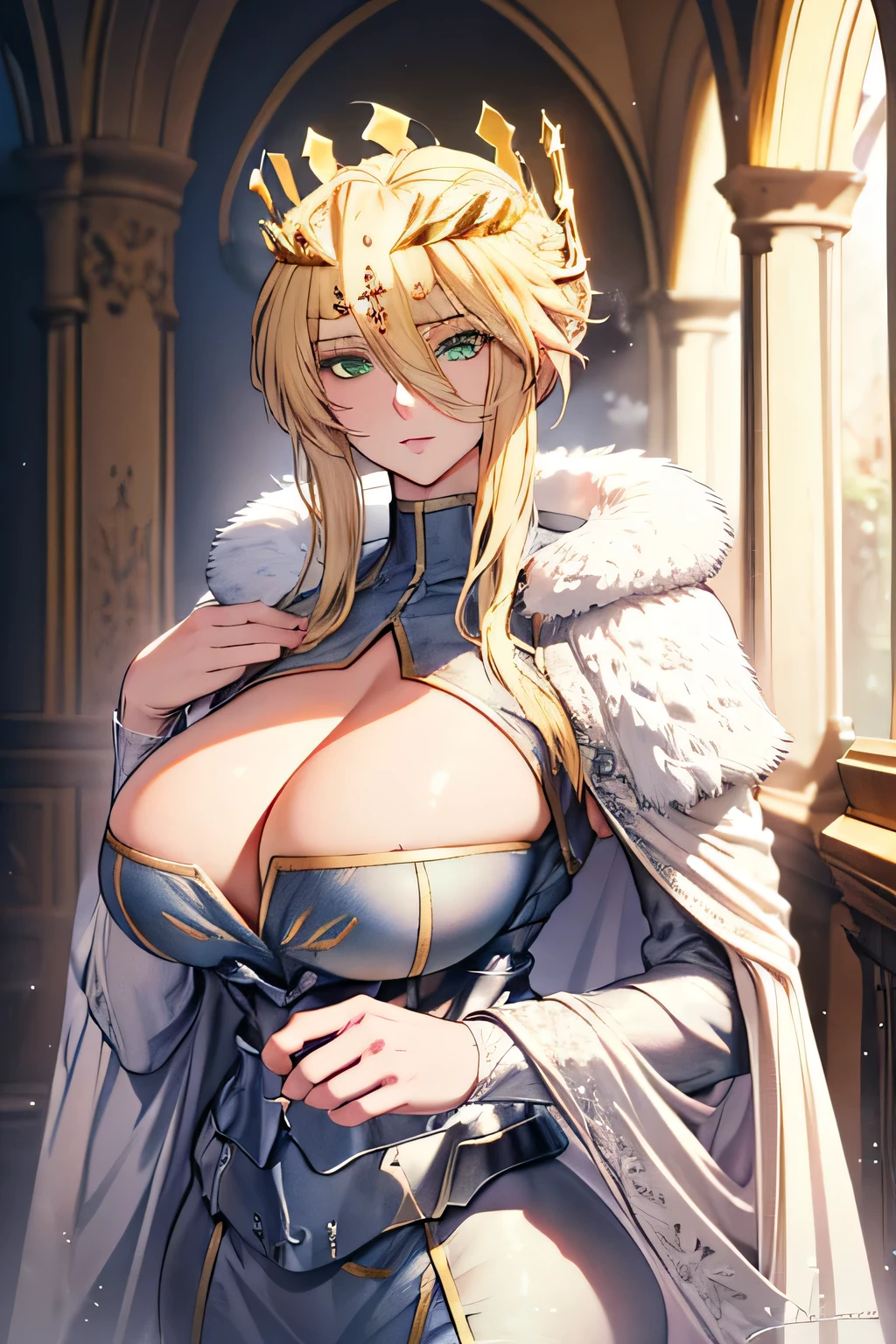 Artoria Lancer, mature woman, elegant, blonde hair, green eyes, casual clothes, crown, white cape, fur trim, portrait, head to bust, curvaceous, 4k resolution, high quality, castle interior, face focus, (((masterpiece))), bokeh