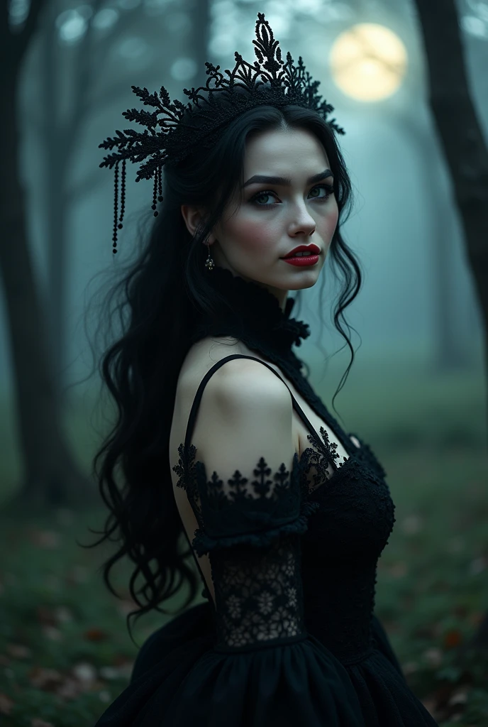 A beautiful seductive witch, detailed face, piercing eyes, long eyelashes, full red lips, pale skin, dark eyebrows, flowing black hair, ornate headdress, elegant black dress, dramatic high collar, intricate lace and embroidery details, floating in a dark mystical forest, moonlight illuminating the scene, moody dramatic lighting, deep shadows, saturated colors, dark fantasy, cinematic composition, highly detailed, 8k, photorealistic