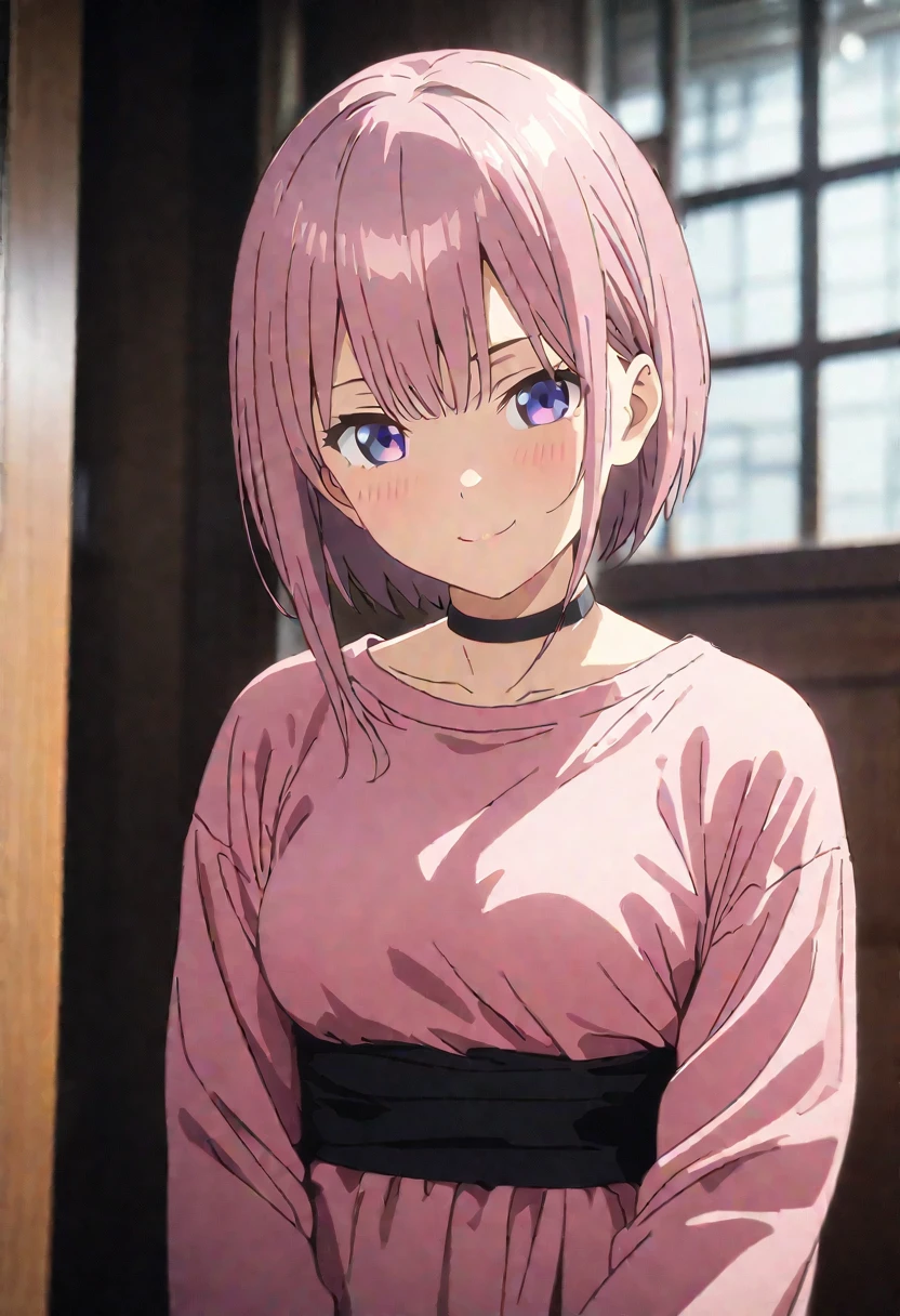 (Highest quality, 4K, 8k, High resolution, masterpiece:1.2), Very detailed, Picturesque, Anime style photo, Photo Anime:1.37)、Japanese、(Pink pixie cut)、Naughty smile、Long-sleeved-shirt、Black choker、whole body、ichika nakano