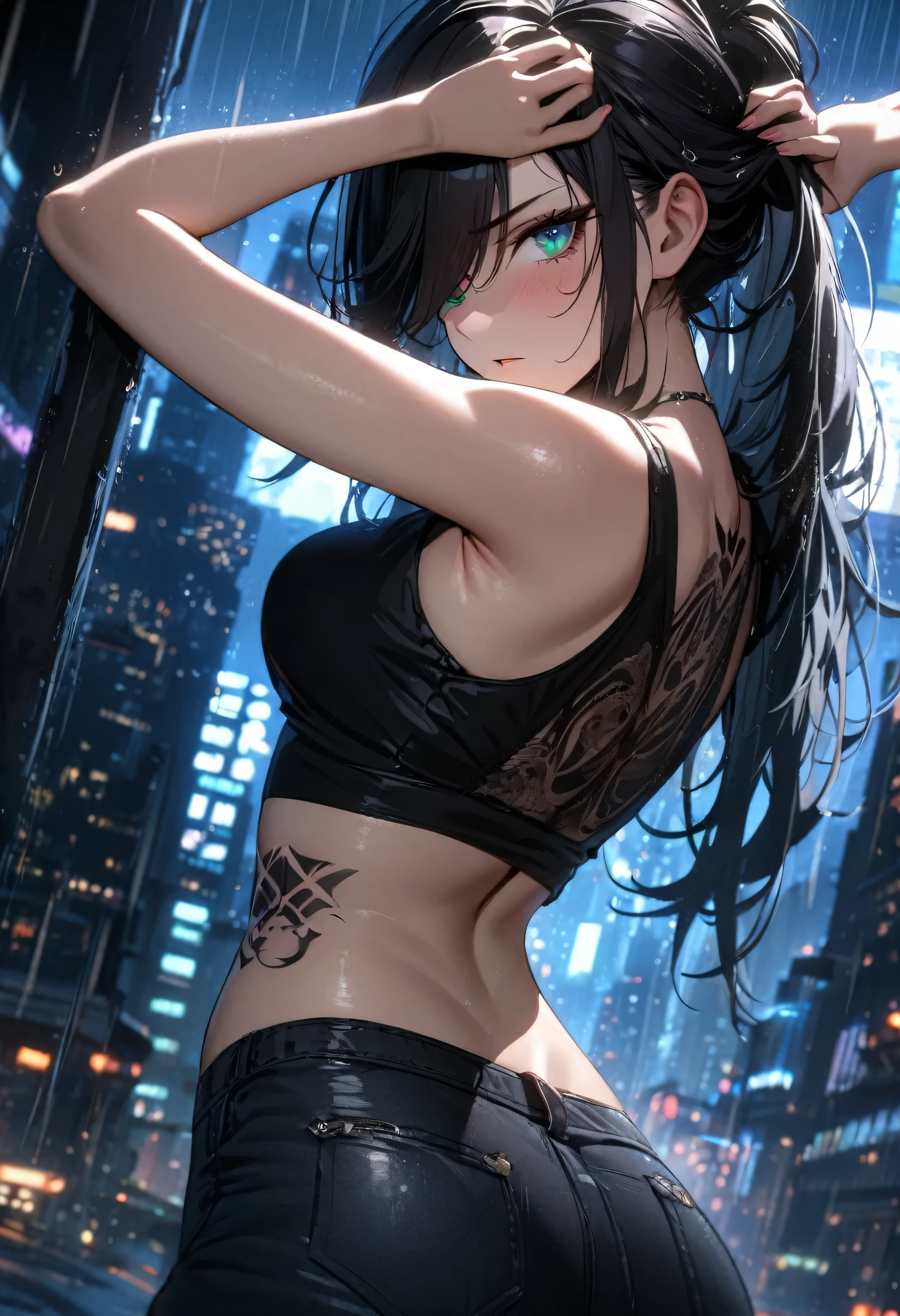 1girl,solo,back profile,detailed close up on black skinny jeans,detailed close up on bedazzling emerald eye looking at you,serious eye,intense gaze,magnificent long black hair covering one eye,black jacket,black neon city,sexy pose,hands overhead,sexy stretch,erotic pose,adjusting hair,dramatic rainstorm,black tank top,detailed close up on black skinny jeans,goth tattoo on backside,cinematic glitter,nighttime,extremely detailed,masterpiece,HDR,4K,best quality,trending on danbooru