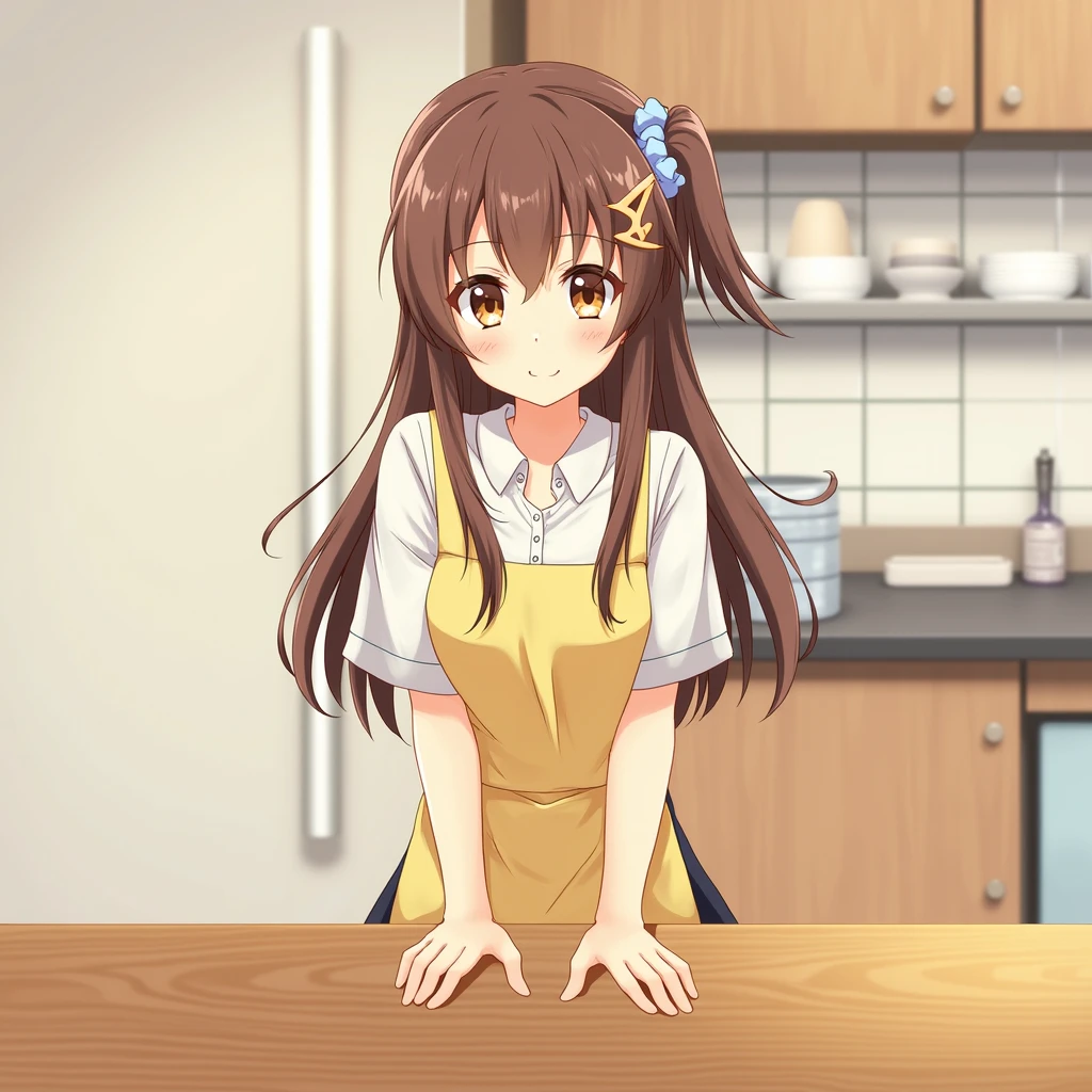 Yuuki Asuna、(Brown eyes:1.7), Brown Hair, hair ornaments, ヘアScrunchie, Long Hair, ピンクのScrunchie, Scrunchie, (Flat Chest:1.2),
Break Apron, blouse, clavicle, レイヤードskirt, ピンクのshirt, shirt, Short sleeve, skirt, Yellow apron,
break looking at viewer,
Indoor break,
break (Tabletop:1.2), Highest quality, High resolution, unity 8k wallpaper, (shape:0.8), (Beautiful details:1.6), Highly detailed face, Perfect lighting, Extremely detailed CG, (Perfect hands, Perfect Anatomy),