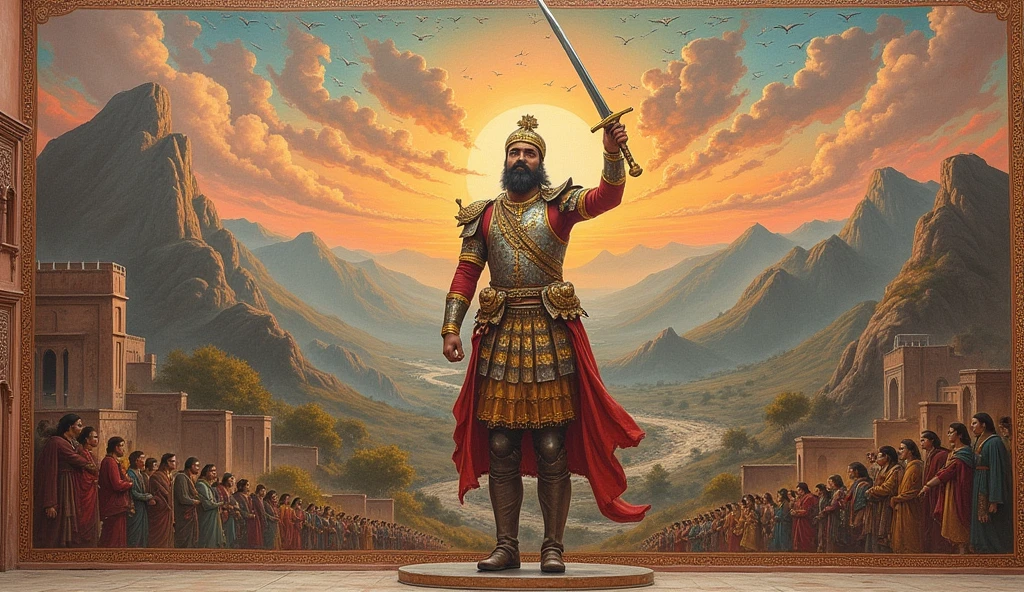 A vast mural depicting the life and times of Maharana Pratap, with scenes of his battles, his time in the Aravallis, and his interactions with his people. At the center of the mural is an image of Maharana Pratap, larger than life, with his sword raised high, symbolizing his eternal role as a beacon of courage and resistance. The mural is painted on the walls of a historic fort, with the sky above showing the first light of dawn, symbolizing a new era inspired by his legacy."