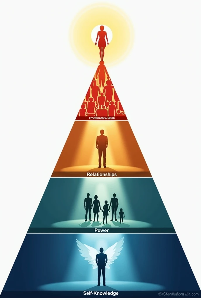 Create for me Maslow's pyramid - pyramid shape - diagram - on the first step - physiological needs , at the third level - power, Create for me the pyramid of Maslow - at the first level - physiological needs, at the fourth level - self-knowledge, at the second level - relationship