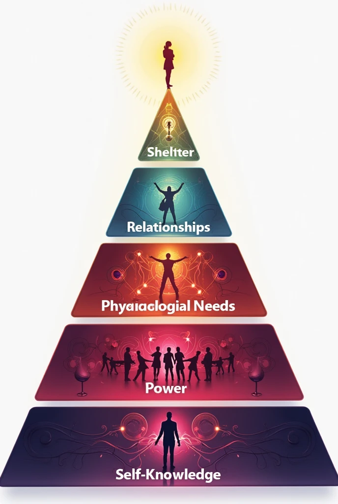 Create for me Maslow's pyramid - pyramid shape - diagram - on the first step - physiological needs , at the third level - power, Create for me the pyramid of Maslow - at the first level - physiological needs, at the fourth level - self-knowledge, at the second level - relationship