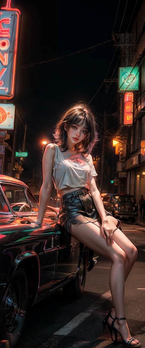 ((masterpiece, best quality, Highest image quality, high resolution, Reality, RAW photos, 8K)), Arav view from the motel,There was a car parked in front, with Neon lights, A naked woman is waiting for customers in front of a motel., , Exposed short skirt with high heels, Open your legs,Roll up your skirt, Route 6 6, Neon lights, Traveling in the United States in the 1950s, some have Neon lights, 外面的Neon lights, Neon lights, gigantic Neon lights, Neon lights商店, By Arnie Swecker, few Neon lights, Neon lights in background,