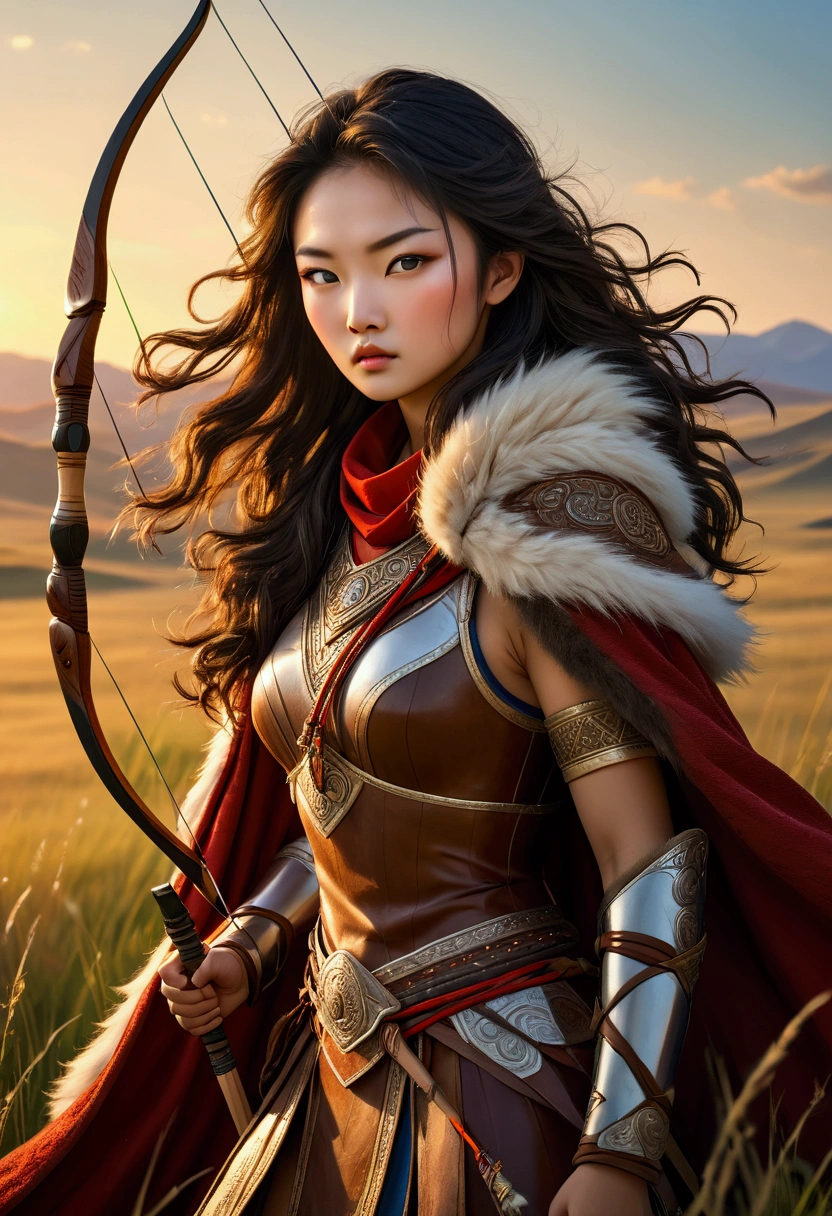 A sexy ((Mongolian)) steppe warrior girl, intricate detailed armor, ((fur cloak)), beautiful detailed asian eyes, beautiful detailed lips, extremely detailed face and skin, flowing wavy hair, strong powerful posture, holding a traditional Mongolian recurve bow, vast grassy steppe landscape background, golden hour lighting, dramatic lighting, vibrant colors, cinematic composition, photorealistic, (best quality,8k,highres,masterpiece:1.2),ultra-detailed,(realistic,photorealistic,photo-realistic:1.37),cinematic,dramatic,concept art style