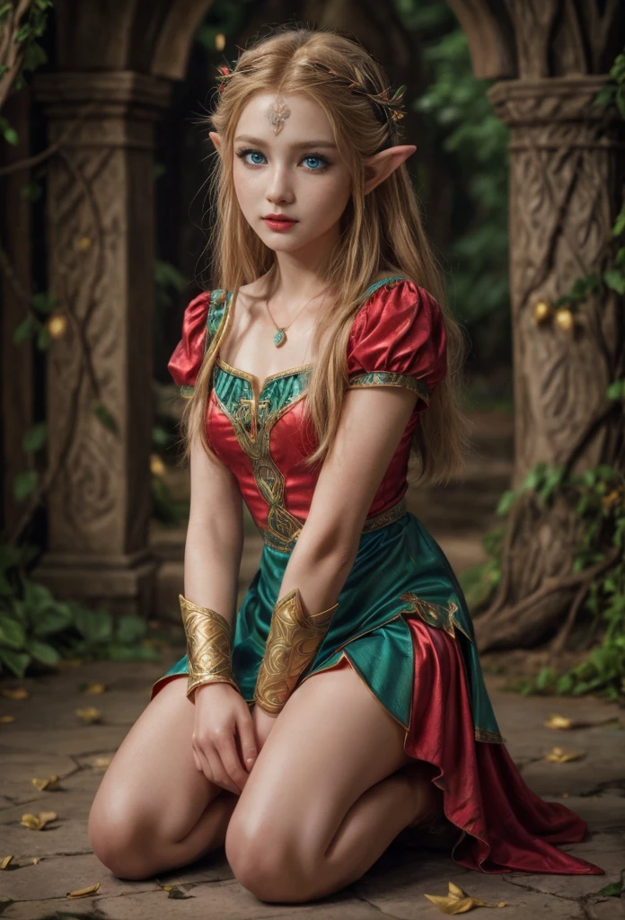 Princes Zelda, blue eyes, (best qualityer, ultra detail), (realisitic:1.37), beautiful and detailed face, ultra-realisitic texture, Exquisite face, Delicate body, red lipgloss stick, shiny colors. High definition, 8k.