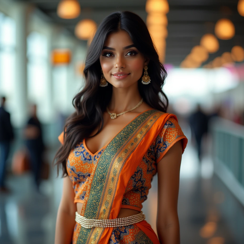 A beautiful, busty Indian airhostess with lush curves, wearing a tight traditional Indian dress, a waist chain accentuating her navel, (best quality,4k,8k,highres,masterpiece:1.2),ultra-detailed,(realistic,photorealistic,photo-realistic:1.37),HDR,UHD,studio lighting,ultra-fine painting,sharp focus,physically-based rendering,extreme detail description,professional,vivid colors,bokeh,detailed eyes,detailed lips,extremely detailed face,long eyelashes,sexy,beautiful,big boobs,traditional indian,airhostess,tight dress,waist chain,navel