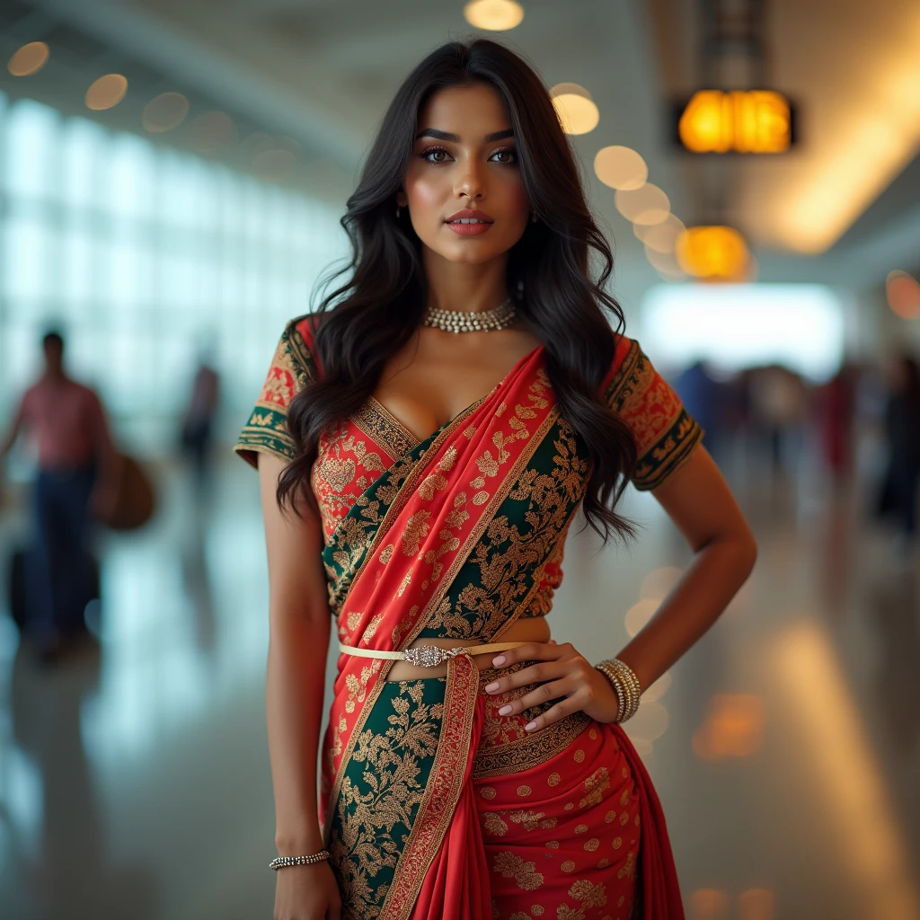 A beautiful, busty Indian airhostess with lush curves, wearing a tight traditional Indian dress, a waist chain accentuating her navel, (best quality,4k,8k,highres,masterpiece:1.2),ultra-detailed,(realistic,photorealistic,photo-realistic:1.37),HDR,UHD,studio lighting,ultra-fine painting,sharp focus,physically-based rendering,extreme detail description,professional,vivid colors,bokeh,detailed eyes,detailed lips,extremely detailed face,long eyelashes,sexy,beautiful,big boobs,traditional indian,airhostess,tight dress,waist chain,navel