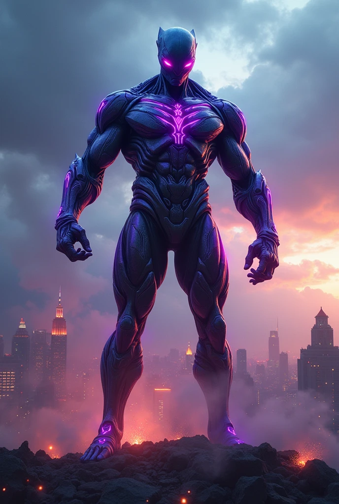 a muscular alien supervillian with a tech suit of armor