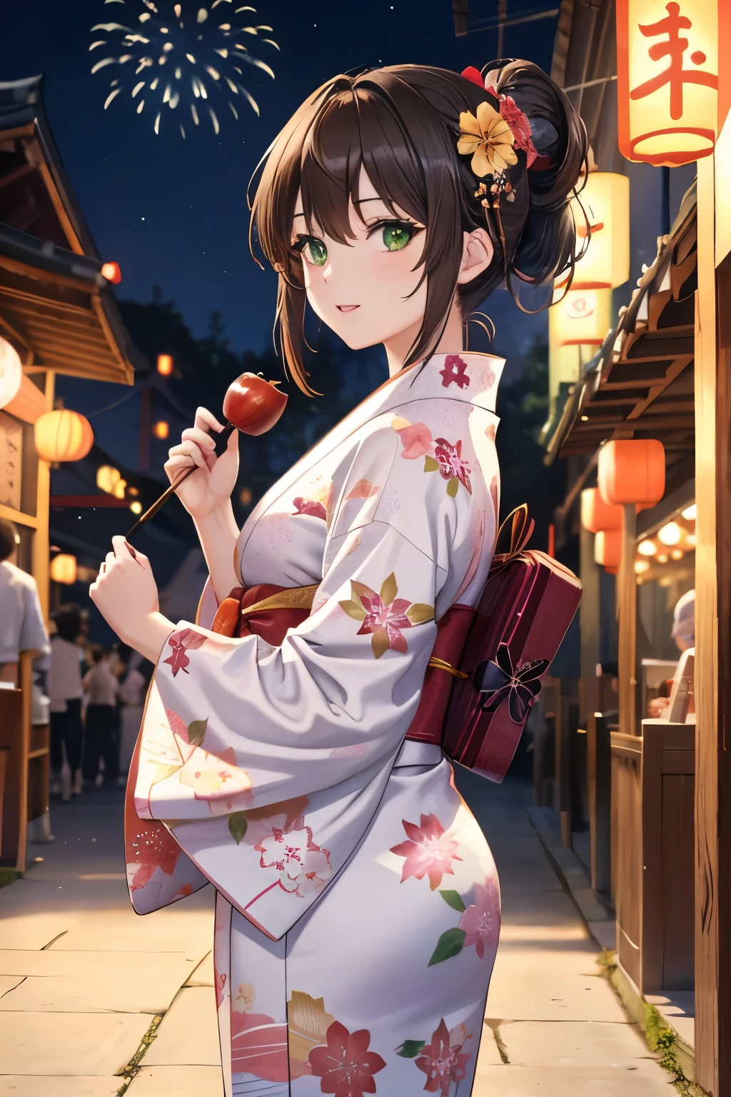 ((masterpiece, Highest quality, High resolution, 超High resolution, Pixel perfect, Written boundary depth, 4K, RTTX 10.0, High resolution))), 1 person, single, alone, Beautiful Anime, Beautiful art style, Anime characters, ((Shortcuts, bangs, Dark brown hair)), ((Green Eyes:1.4, Round eyes, Beautiful eyelashes, current eyes)), ((Smooth texture:0.75, Anime CG style)), ((Dynamic Angle, close)), Perfect body, (cute), Normal chest, whole body, ((4K, 8k, Highest quality, Perfect Fingers: 1.3, Perfect Anatomy: 1.3, Background Blur)), whole bodyアングル, Illustration of people wearing yukata enjoying the summer festival, The character is wearing a gorgeous floral yukata., Hair is tied up, Cool-looking hairpins are on display, She has a candy apple in her hand, They are happily touring the food stalls., In the background, fireworks sparkle in the night sky and street stalls are lined up with lanterns., The lively and energetic scenery of the summer festival unfolds., Overall enjoyable, Seasonal atmosphere