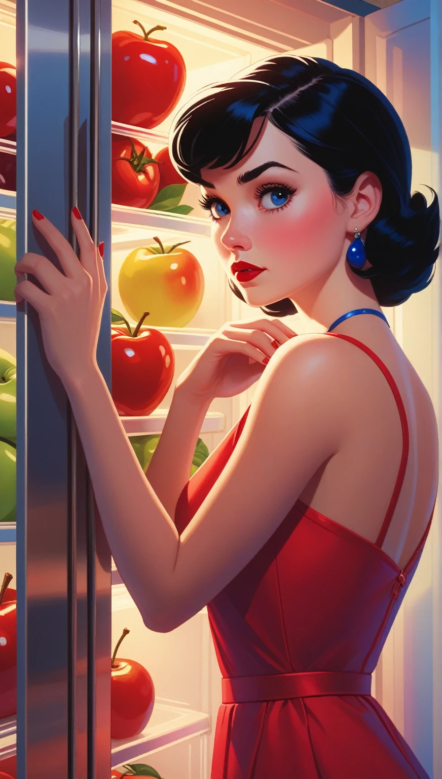 A close-up of a woman in a red and blue dress looking inside a refrigerator., Snow White, Art Style : Ilia Kuvshinov, artgerm and Ilia Kuvshinov, Ilia Kuvshinov. 4k, adam hughes, Betty Cooper, ( Ilia Kuvshinov ), inspired by Ross Tran, In the style of Ross Tran,