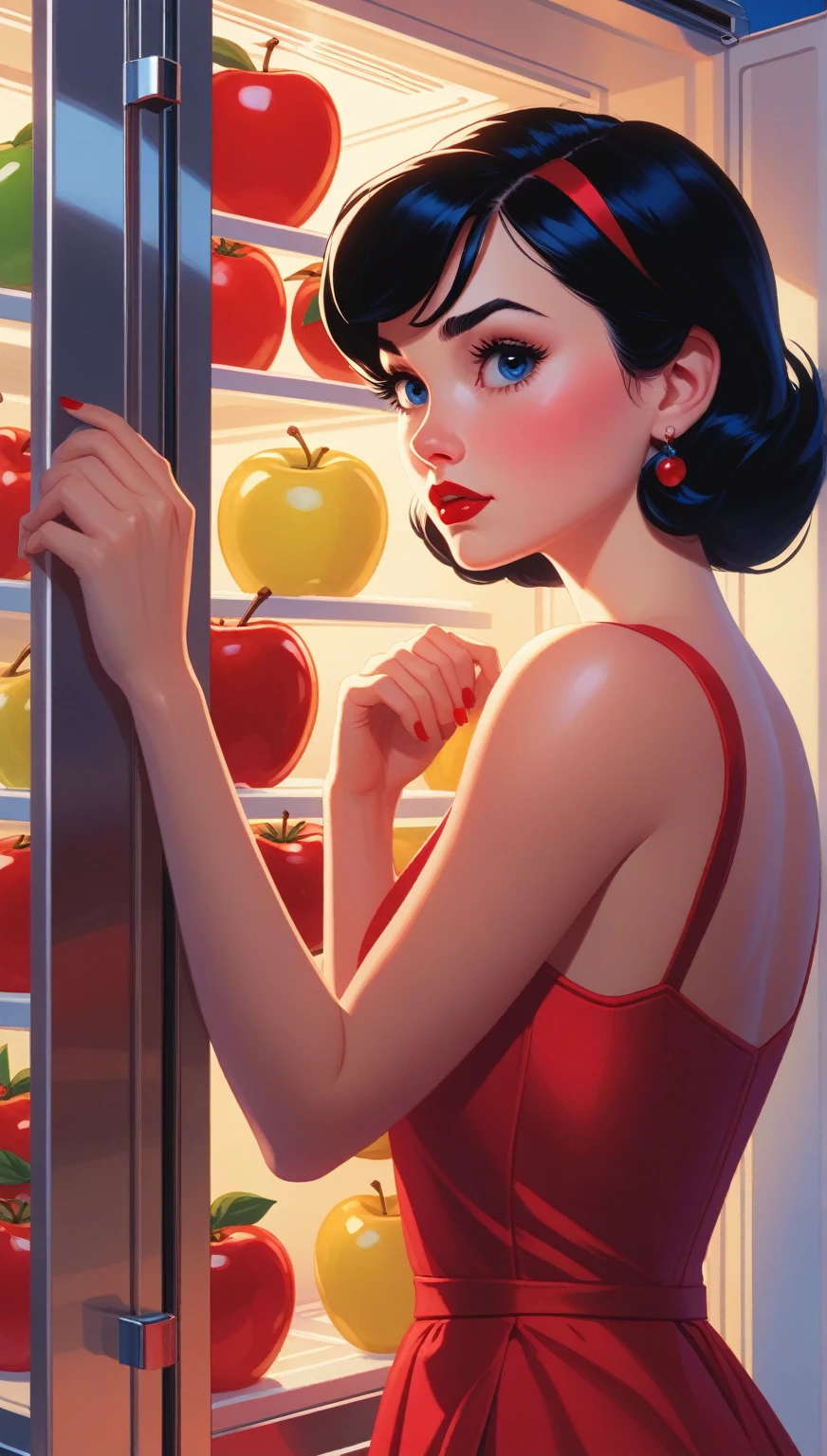 A close-up of a woman in a red and blue dress looking inside a refrigerator.,  Snow White, Art Style : Ilia Kuvshinov, artgerm and Ilia Kuvshinov, Ilia Kuvshinov. 4k, adam hughes, Betty Cooper, ( Ilia Kuvshinov ), inspired by Ross Tran, In the style of Ross Tran,