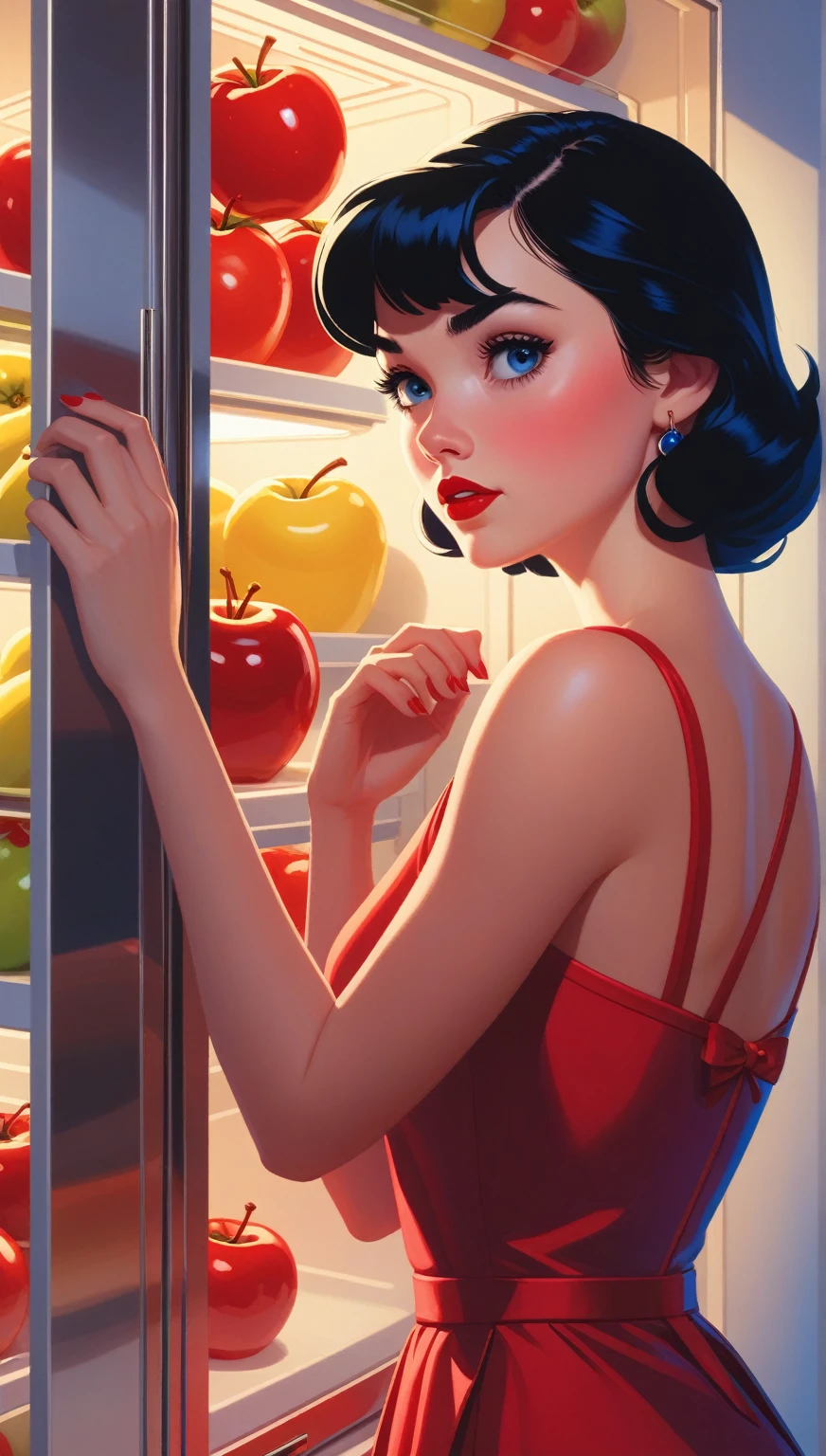 A close-up of a woman in a red and blue dress looking inside a refrigerator., Snow White, Art Style : Ilia Kuvshinov, artgerm and Ilia Kuvshinov, Ilia Kuvshinov. 4k, adam hughes, Betty Cooper, ( Ilia Kuvshinov ), inspired by Ross Tran, In the style of Ross Tran,