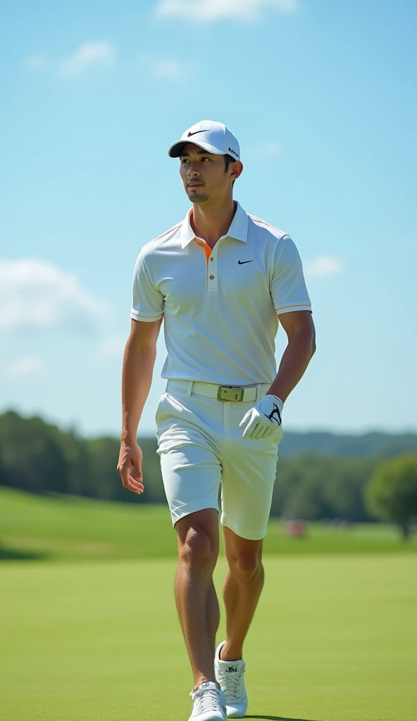 Make a picture of a handsome Korean male golf player, The shoes are Nike, The hat is Nike, Make me a pair of Nike shorts, Make a view of me walking towards you, bust shot, Make your eyes clearer,