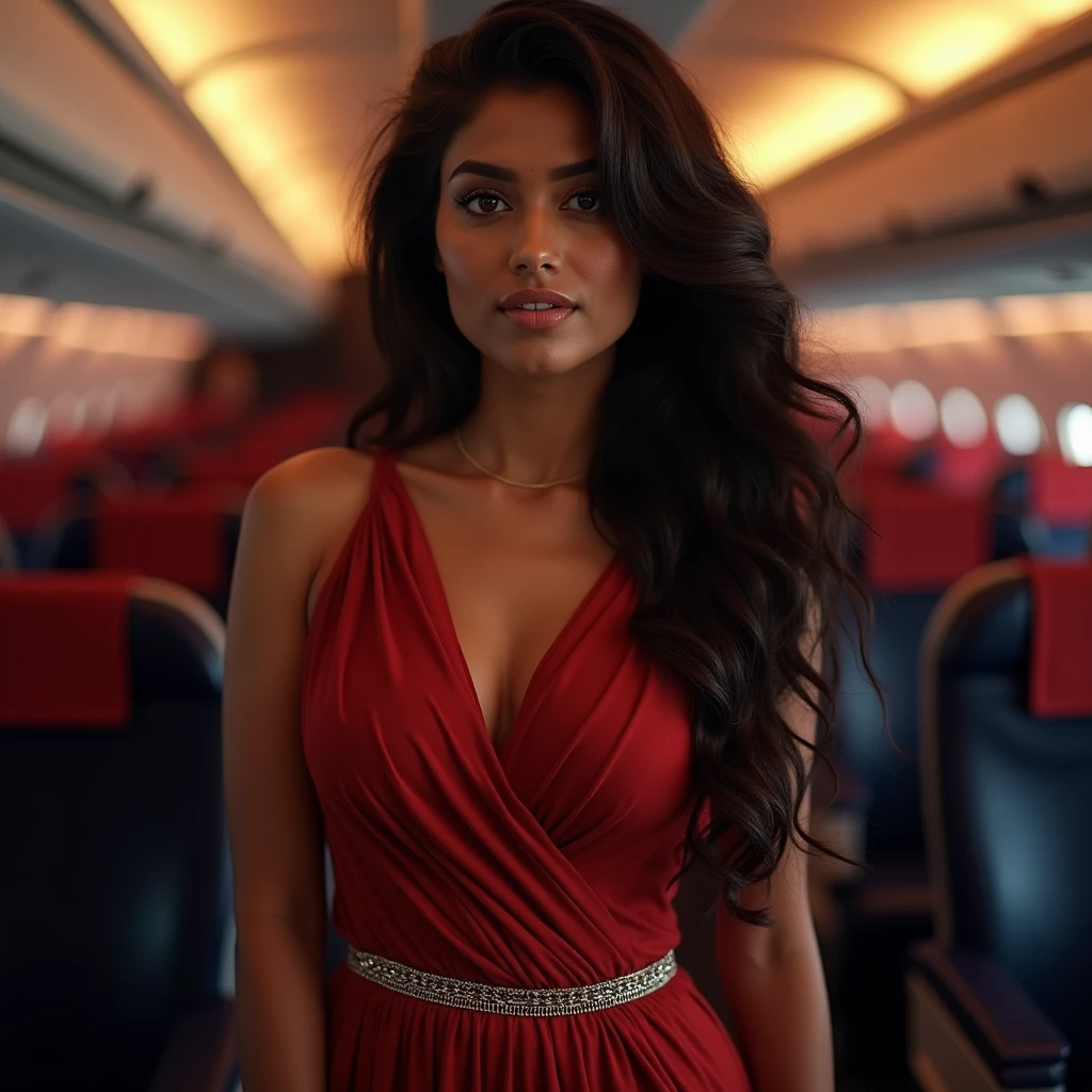 a beautiful busty indian airhostess in a tight dress, long wavy hair, detailed eyes and lips, wearing a waist chain around her navel, highly detailed, photorealistic, 8k, cinematic lighting, dramatic coloring, intricate details, breathtaking realism