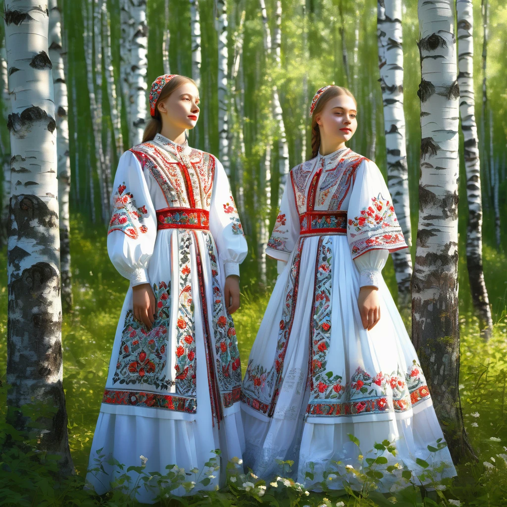 Two girls clad in traditional Russian costumes, each with intricate Slavic ornamental patterns embroidered on their dresses, standing side by side under the foliage of a blooming birch forest, sunlight filtering through the leaves, casting dappled shadows on their faces, Slavic motifs, ultra clear, digital painting.