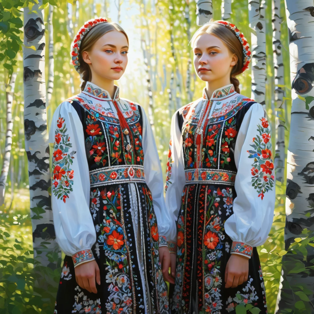 Two girls clad in traditional Russian costumes, each with intricate Slavic ornamental patterns embroidered on their dresses, standing side by side under the foliage of a blooming birch forest, sunlight filtering through the leaves, casting dappled shadows on their faces, Slavic motifs, ultra clear, digital painting.