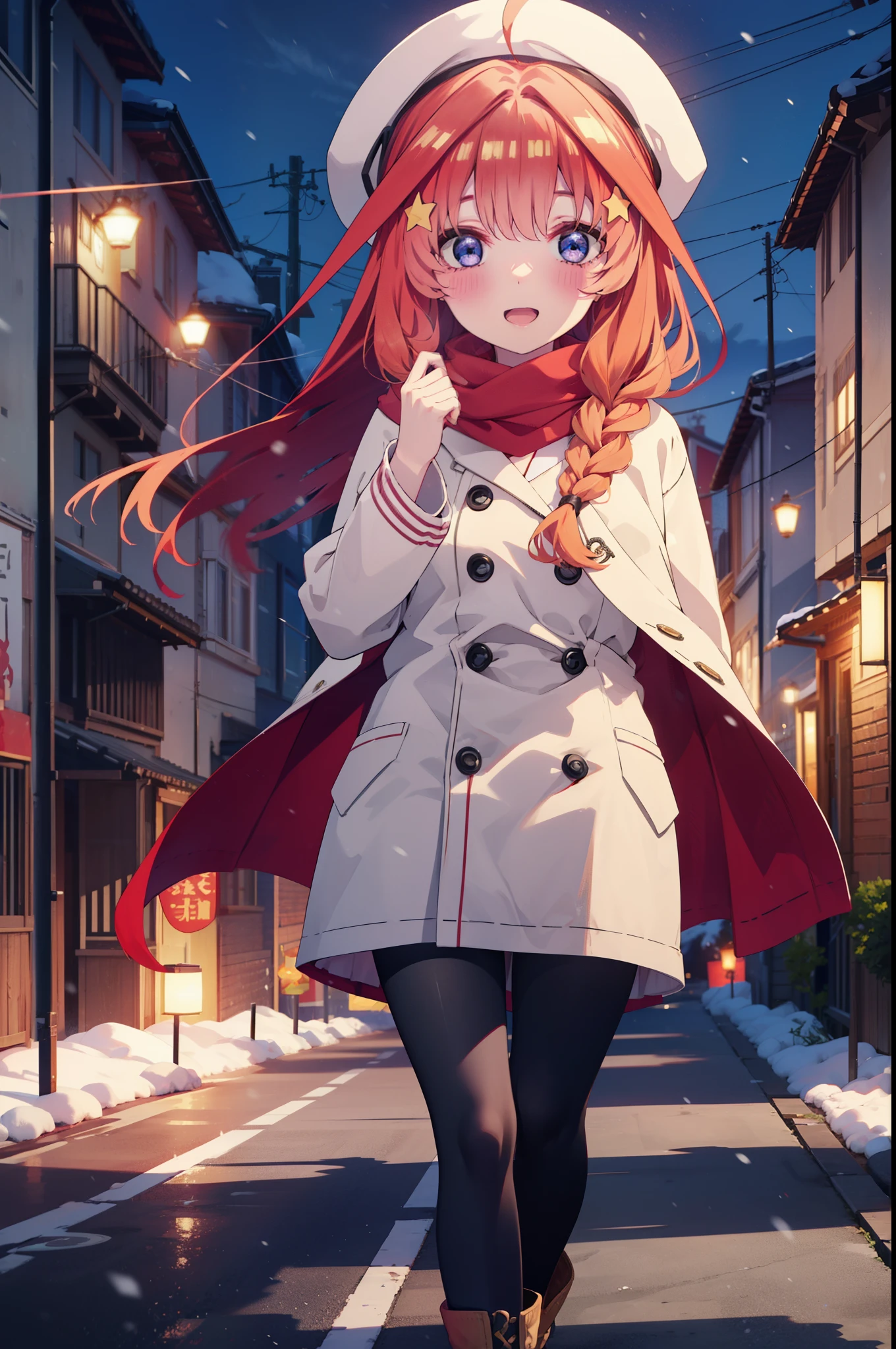 itsukinakano, Itsuki Nakano, bangs, blue eyes, Hair between the eyes, Ahoge, Redhead, star \(symbol\), hair ornaments, star hair ornaments,smile,Open your mouth,White Breath,blush,Long, thick braids,Knitted hat,White scarf,Red long coat,V-neck sweater,Black long skirt,Red pantyhose,short boots,snowが降っている,snowが積もっている,snow,snow,snow,snow,Walking,whole bodyがイラストに入るように,night,
break outdoors,Residential Street,
break looking at viewer, whole body,
break (masterpiece:1.2), Highest quality, High resolution, unity 8k wallpaper, (figure:0.8), (Beautiful attention to detail:1.6), Highly detailed face, Perfect lighting, Highly detailed CG, (Perfect hands, Perfect Anatomy),