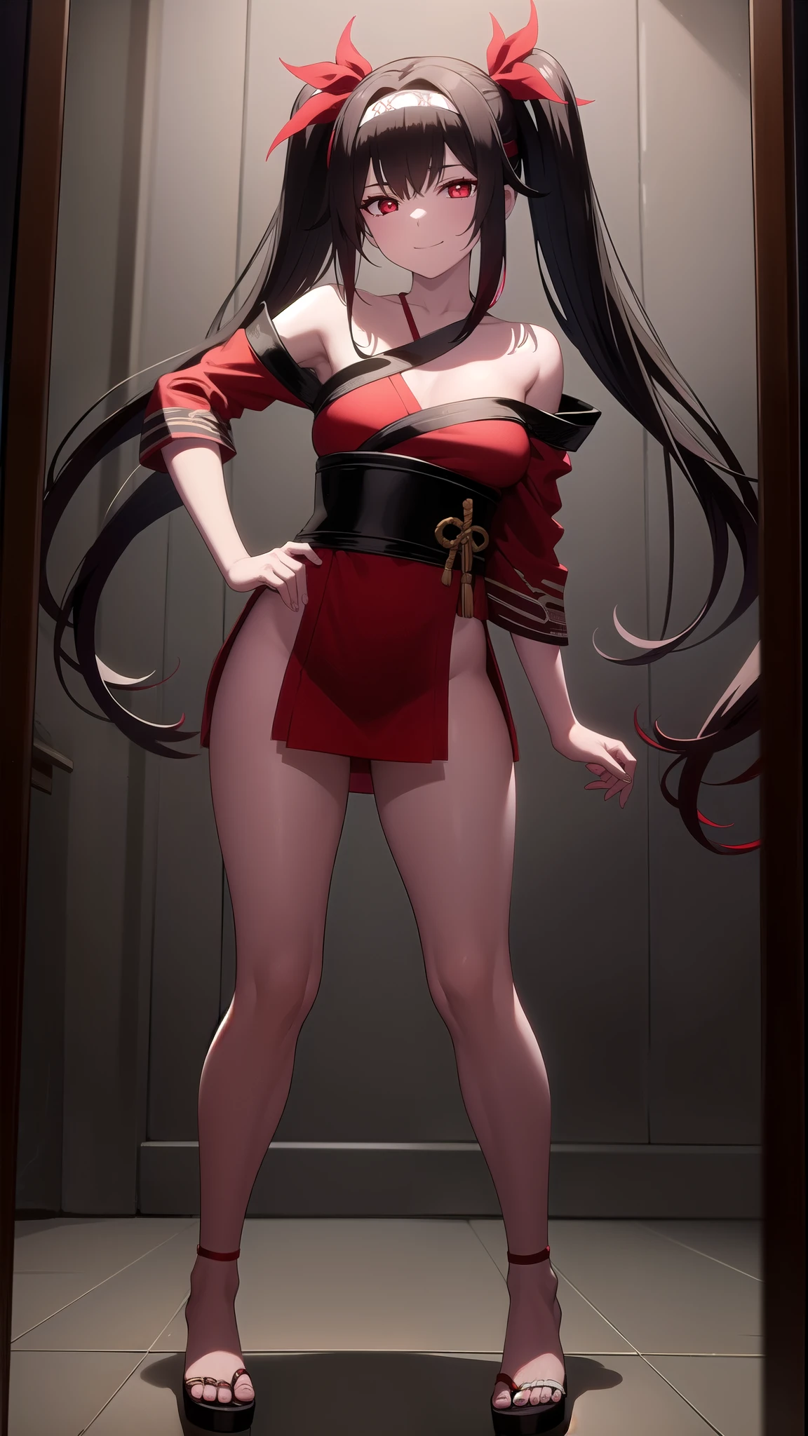 Black Hair,Double tail,Pale red eyes,Red headband,Kimono y,Smile,Official Art,Unity 8K wallpaper,Extremely detailed,aesthetics,masterpiece,best quality,Realistically,best quality,masterpiece,high resolution,CG,illuminate,Honest,Lightweight solution,high resolution,4K,8K,Bokeh,Soothing tones,Pastel,High contrast,(Natural skin texture,Surrealism,Soft lighting
