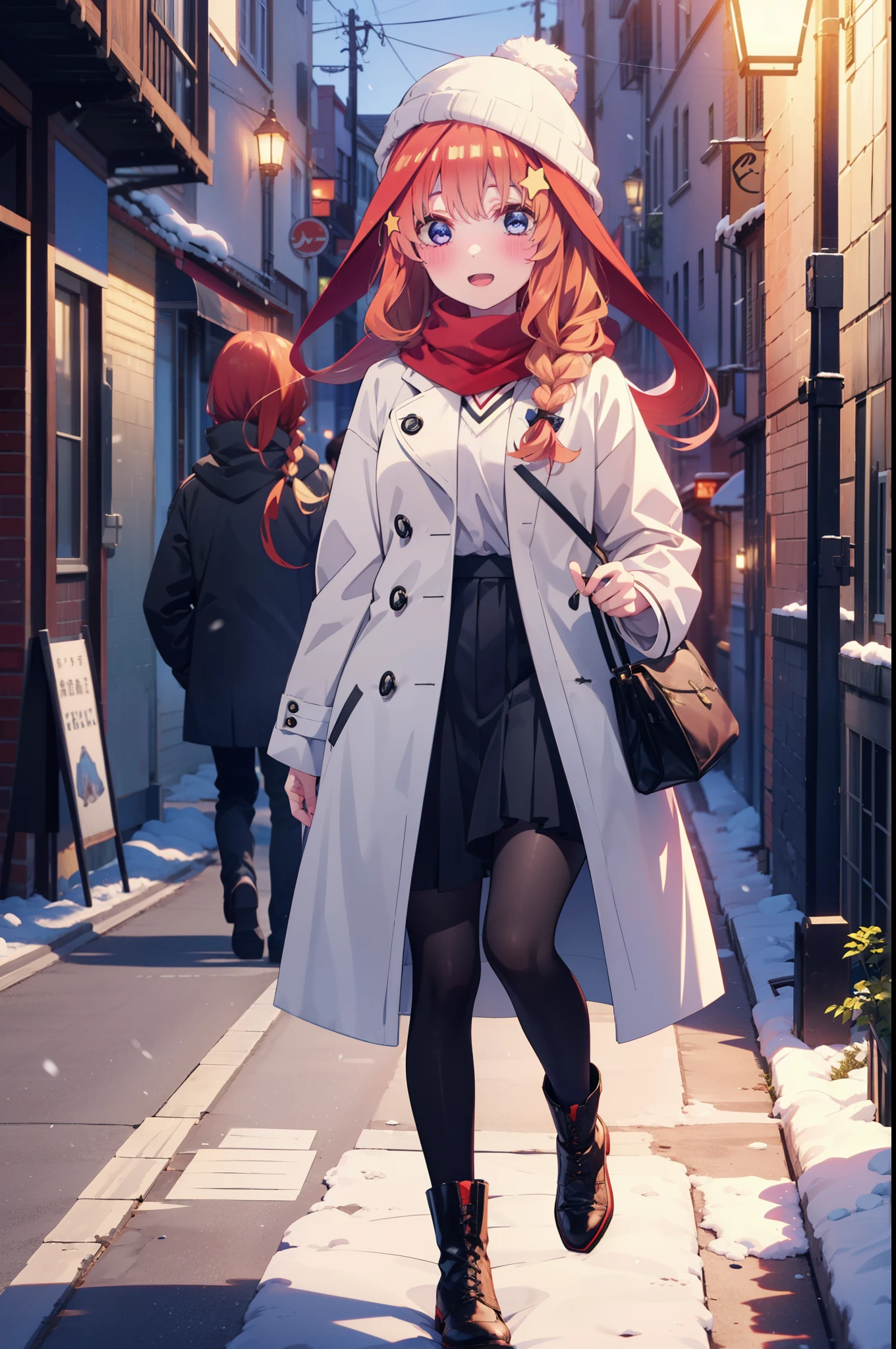 itsukinakano, Itsuki Nakano, bangs, blue eyes, Hair between the eyes, Ahoge, Redhead, star \(symbol\), hair ornaments, star hair ornaments,smile,Open your mouth,White Breath,blush,Long, thick braids,Knitted hat,White scarf,Red long coat,V-neck sweater,Black long skirt,Red pantyhose,short boots,snowが降っている,snowが積もっている,snow,snow,snow,snow,Walking,whole bodyがイラストに入るように,night,
break outdoors,Residential Street,
break looking at viewer, whole body,
break (masterpiece:1.2), Highest quality, High resolution, unity 8k wallpaper, (figure:0.8), (Beautiful attention to detail:1.6), Highly detailed face, Perfect lighting, Highly detailed CG, (Perfect hands, Perfect Anatomy),