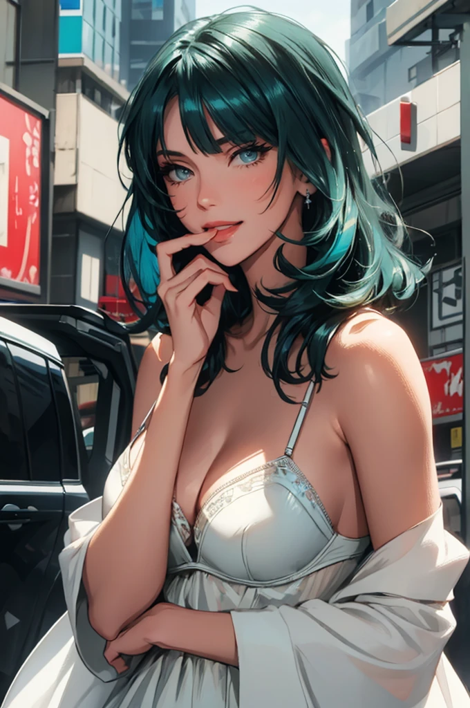 1girl,a beautiful fashion model ,(masterpiece, detailed background, best quality),short and shiny hair, blue green hair, hair with highlights, bangs, smirk,juicy lips,red lips, calmart, lingerie, stripping, elegant makeup, blue eyes, full body shot, (shiny skin), cyberpunk, sci fi, boa, extravagant jewelry, cocky expression, covered in jewelry, fancy, white dress, ((hand covering mouth, smug, discrete laughter)),