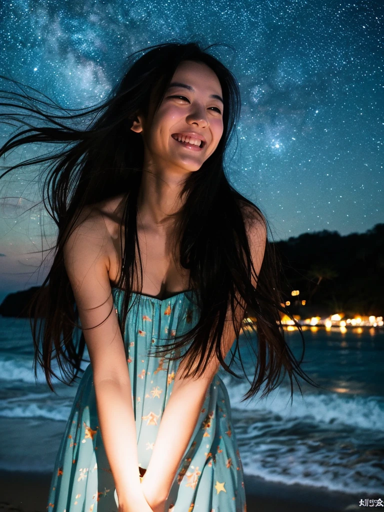 A beach at night by the sea.
A Japanese woman with long black hair.
The starry sky.
A wide smile.