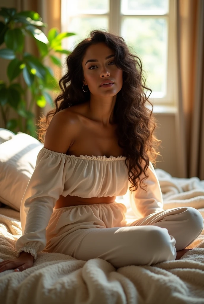 (photorealism:1.2), beautiful woman, sitting on bed, wearing loose off-shoulder top, pajama pants, long curly hair, indoors, soft lighting, plants in background, window with sunlight, cozy room, relaxed pose, realistic, intricate details, warm colors, by Greg Rutkowski, by Alphonse Mucha