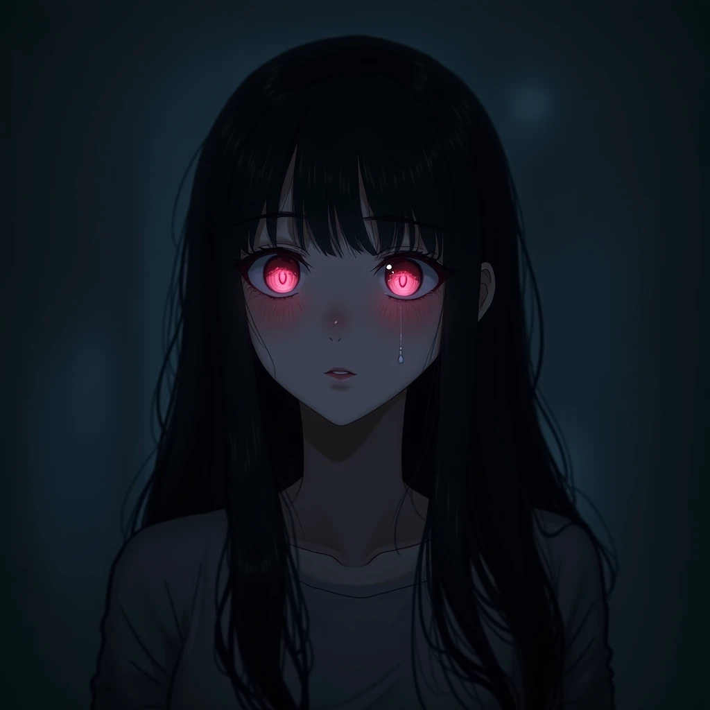 Long black hair with light shining from below, One person, bangs, Pink Eyes, Close your mouth,
Teardrop, Dutch Angle,