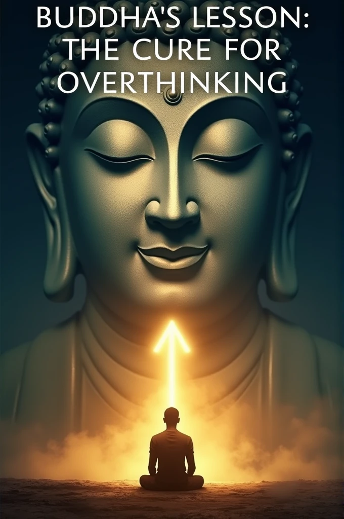 Create a visually appealing thumbnail for a YouTube video titled 'Buddha's Lesson: The Cure for Overthinking.' The main focus should be a close-up of Gautam Buddha's calm and gentle face with eyes half-closed in meditation, surrounded by a subtle golden aura. In the lower part, include a silhouette of a young man kneeling or sitting in meditation, facing Buddha, symbolizing the search for wisdom. The background should transition from deep blue at the top, representing turmoil, to warm golden light at the bottom, representing enlightenment and peace. Overlay the title text in bold, white or gold font with a subtle shadow. Include a glowing arrow in the background pointing upward, symbolizing the transition from suffering to enlightenment."