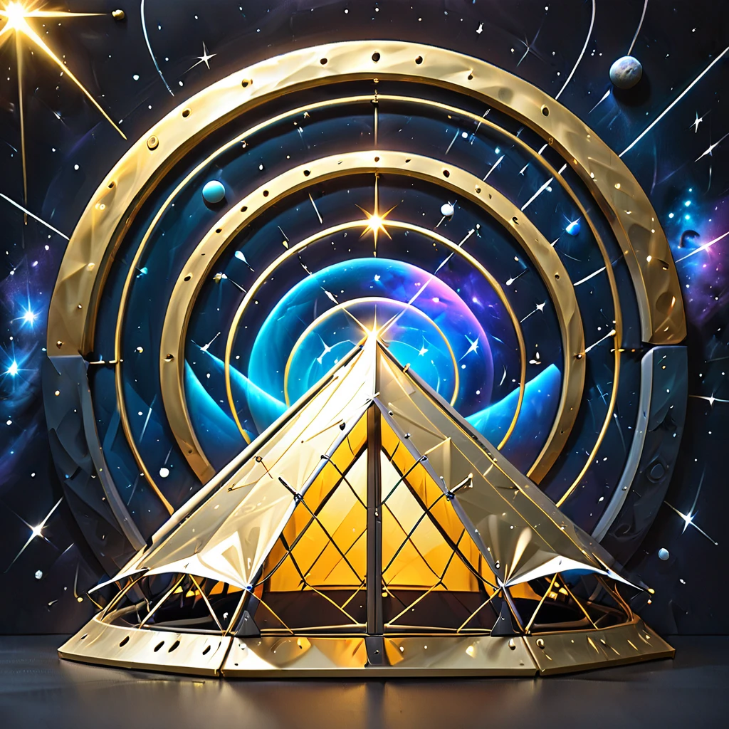 Glamping、symbol、Three-dimensional、Shine、Shine、gold、The background is the universe.クリスタルの枠ぶち