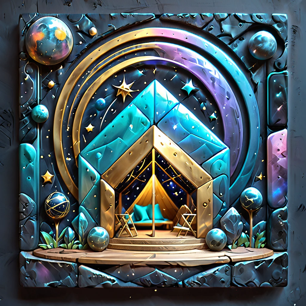 Glamping、symbol、Three-dimensional、Shine、Shine、gold、The background is the universe.クリスタルの枠ぶち