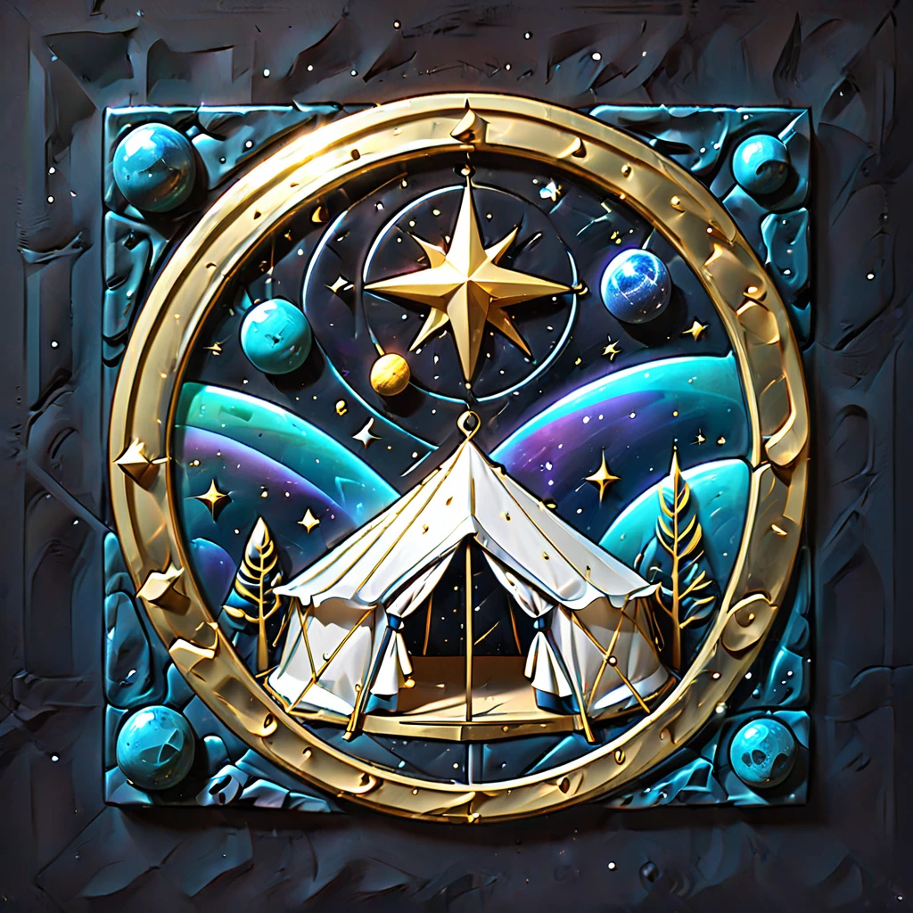 Glamping、symbol、Three-dimensional、Shine、Shine、gold、The background is the universe.クリスタルの枠ぶち
