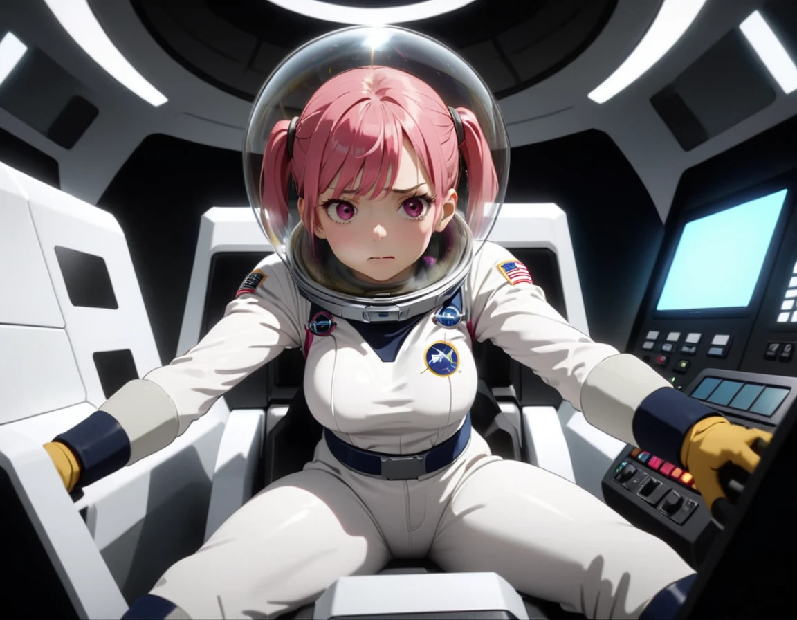 eva helm, spacesuit , astronaut), , pink hair, bubble helmet, space helmet, (1girl:1.1) wearing a (spacesuit:1.15), white cargo pants, (ugh, wtf do these buttons do:1.3), inside the cockpit of a (futuristic spaceship:1.1), sitting in the captains chair, (intricate control panels:1.3), (gleaming metal:1.1), surrounded by many buttons and dials and gauges, (confused:1.3), (worried expression:1.1), (nervous:1.1), concerned, beautiful 8k wallpaper, highly advanced, (sleek design:1.3), intricate, highres, superb, 8k wallpaper, extremely detailed, intricate, from behing