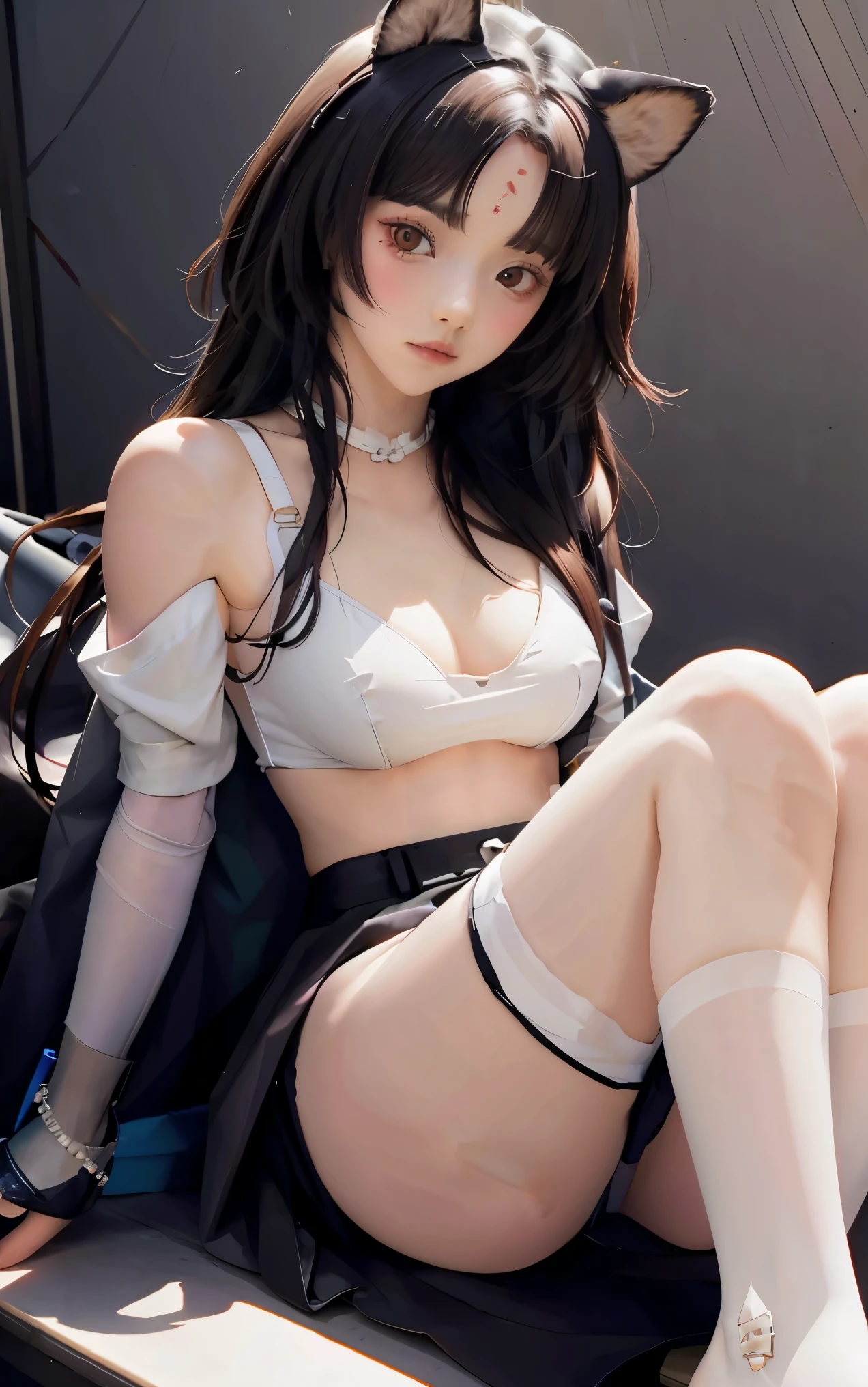 Dog ears, cropped shoulders,White knee-length stockings,Superskirt,perfect body figure,wearing only his underwear,Cute lingerie,medium boob