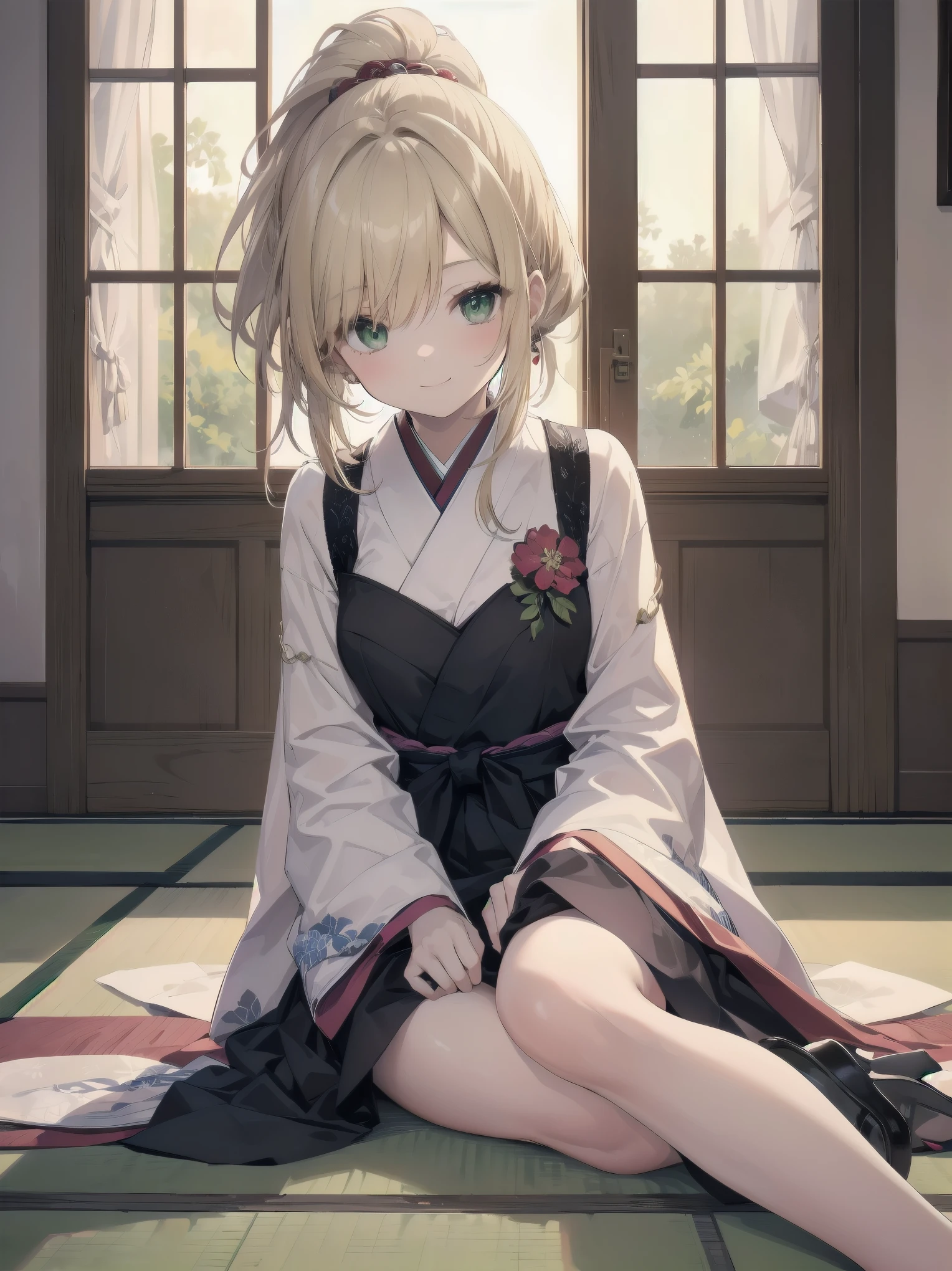 (Masterpiece: 1.3), (Best Quality: 1.2), close-up of one beautiful girl, super hyper-detailed illustration,
BREAK
(Body type: slender, small breasts, naturally charismatic)
BREAK
(Face: outstanding looks, mature beauty, emerald green eyes)
BREAK
(Hairstyle: ponytail, long smooth hair with a side part, ends around her chest, layers around her face, bangs long enough to slightly cover the eyes, blonde hair)
BREAK
(Fashion: vintage long-sleeved bodycon dress with subtle floral patterns, knee-length, less revealing)
BREAK
(Pose: bending forward slightly, arms crossed behind her back, warm and inviting smile, silky hair)
BREAK
(Background: cozy room with wooden accents and soft green tones, traditional Japanese 7 tatami mat room with a natural interior, including a cosmetic table, bed, futon, cushion, chair, decorative accessories, and curtains)